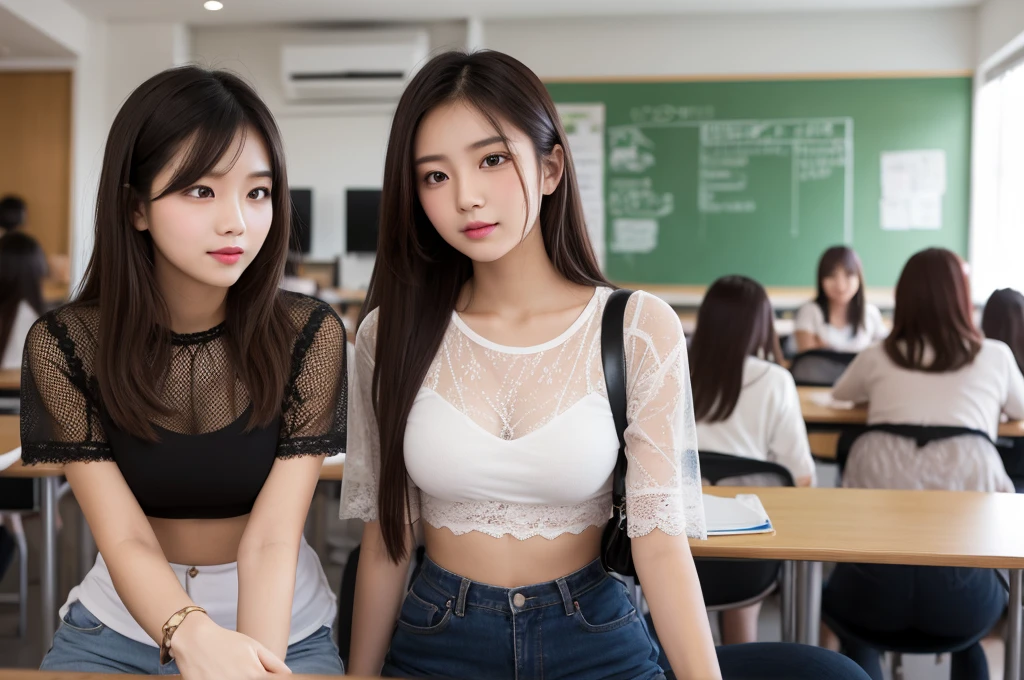 Summer, classroom, (((2 women))), 1 uniform miniskirt, sitting on a table, cleavage, abs, short black hair, 1 white t-shirt, hot pants, brown hair casual, cleavage, smile to look at the camera, surrealist style, panorama, very detailed, best quality, 4k, cinematic lighting effects, background bokeh