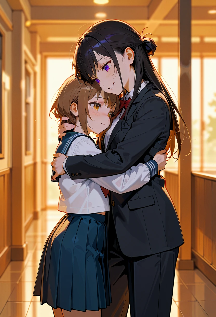 (Highest quality、detailed、Masterpiece、８K)、(２Cute girl)、((Hugging from behind))、Redness、high school girl、classroom