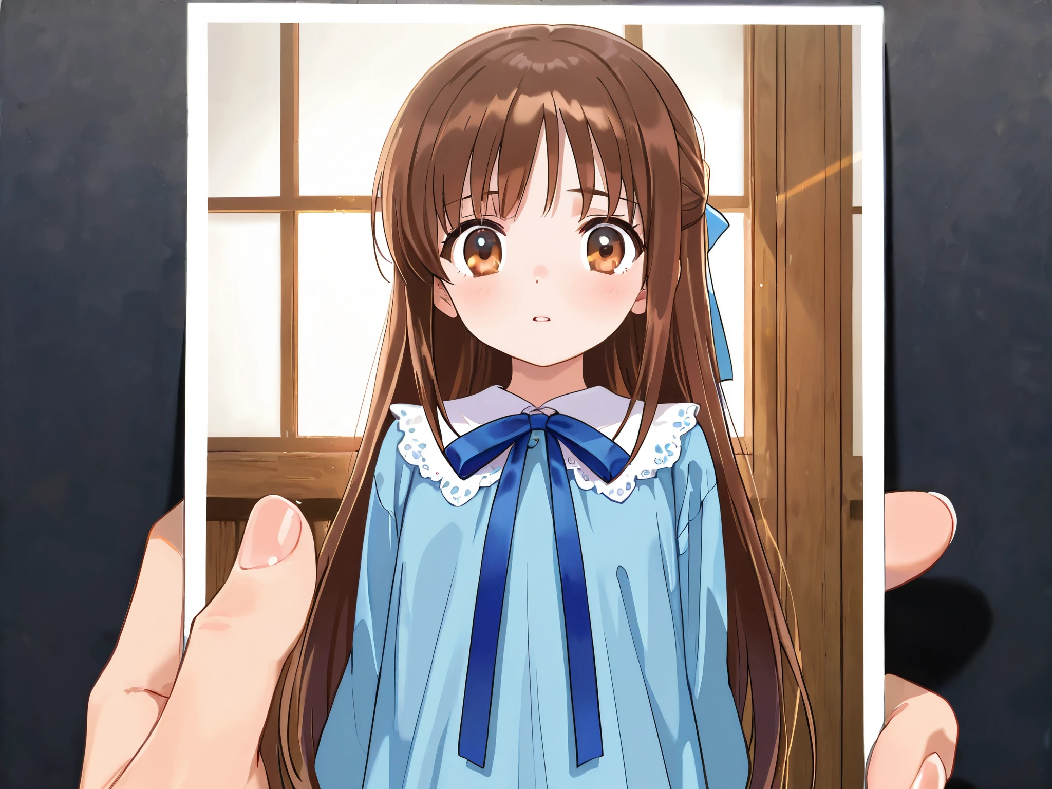 (Top Quality), (Very Aesthetic), (Super Detailed), (Best Illustration), , Solo Female, female , Girl, half updo, Blue Ribbon, Long Hair, Straight Hair, Sideburns, Center Parting, Brown Hair, Brown Eyes, tremble in fear, (flat breast),Standing with a photo in your right hand
