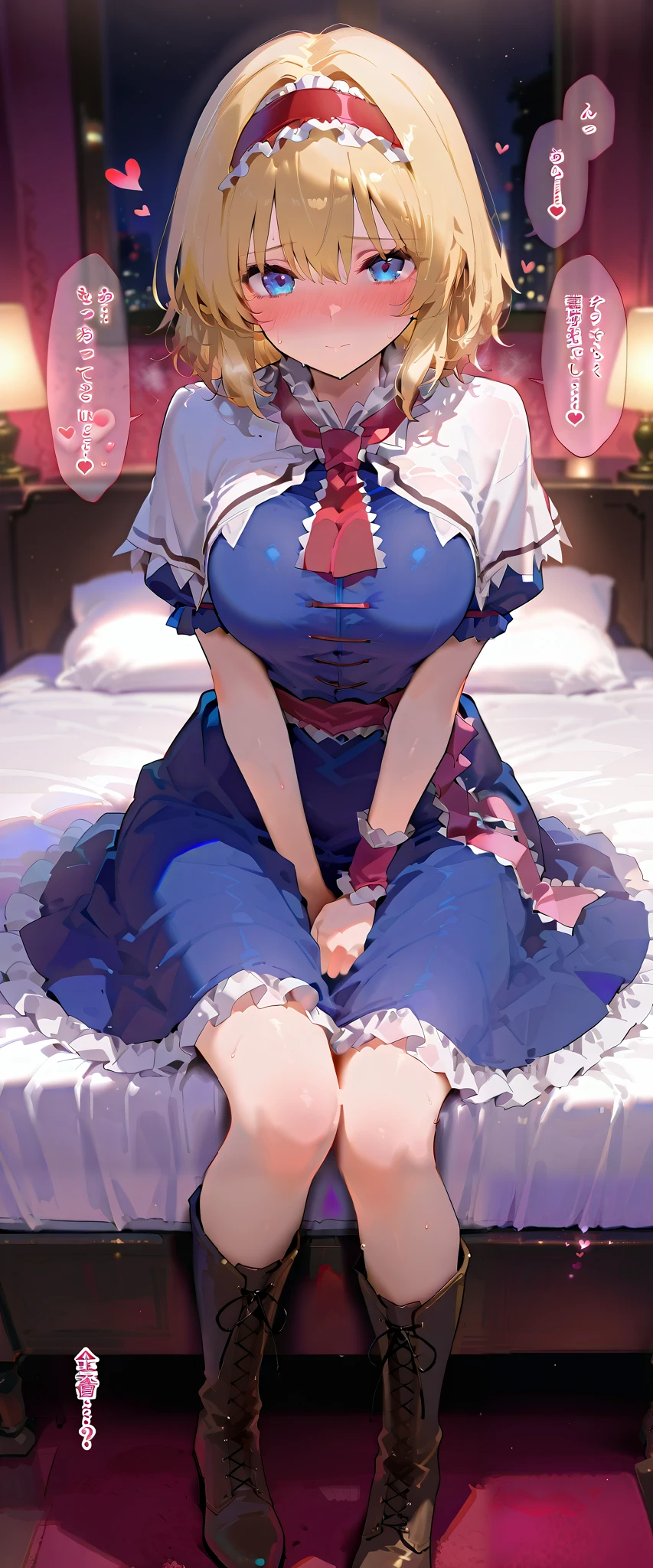masterpiece, beautiful woman, adult female, cute, score_9, score_8_up , score_7_up , , rating_ general , alice margatroid, medium hair, blonde hair, blue eyes, ,red hairband, ta hairband, frilled hairband,white capelet, blue dress, frilled dress, frilled ascot, red ascot, puffy short sleeves, brown footwear, cross-laced footwear, middle breasts, boots, slim, slender body, (indoor, Love Hotel , bed, dim), full-face blush、speech bible, lovely face, embarrassed, sweat, full blush, loving you, hide your face with your hands when parting ways:1.3, lovely hearts:1.4, heart-shaped pup ils, speech bible, throw, source_anime