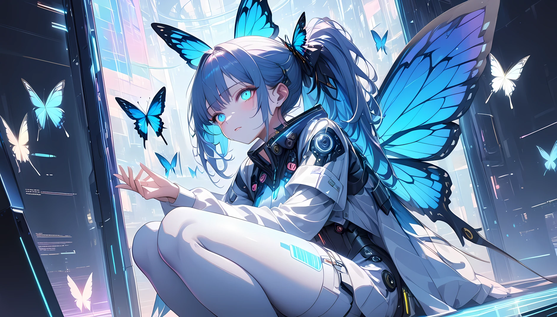 ((best quality)), ((masterpiece)), (detailed), perfect face, textured skin, ((super detail)), high quality, high details, hologram, Holographic colors, cyberpunk, cyberspace dweller, ((swallowtail butterfly wings)), Blue hair, long ponytail, Blue eyes, Kneel, support herself with her right hand