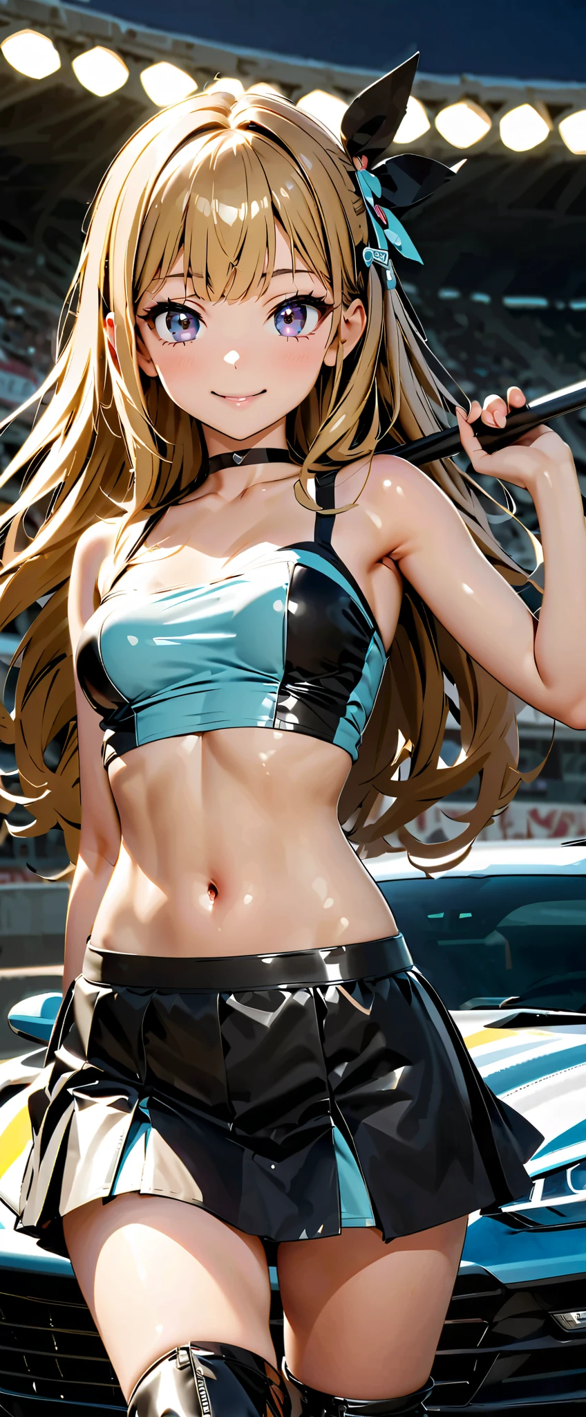top quality, ultra high resolution, One person, small breasts, Black Choker, smile, exposes shoulders, focus only , Watch Viewers ,Fair skin,Car racing track, photon mapping to viewers, physics-based rendering, RAW photos , very detailed background, K-pop Idol , depth of field on the shoulder, hair ornament, detailed face,輝く肌, game cg,whole body, shiny micro tight miniskirt,shiny micro tube top, Shiny Long Boots , Race Queen, sexy pose,holding a flag,Gloss Lip