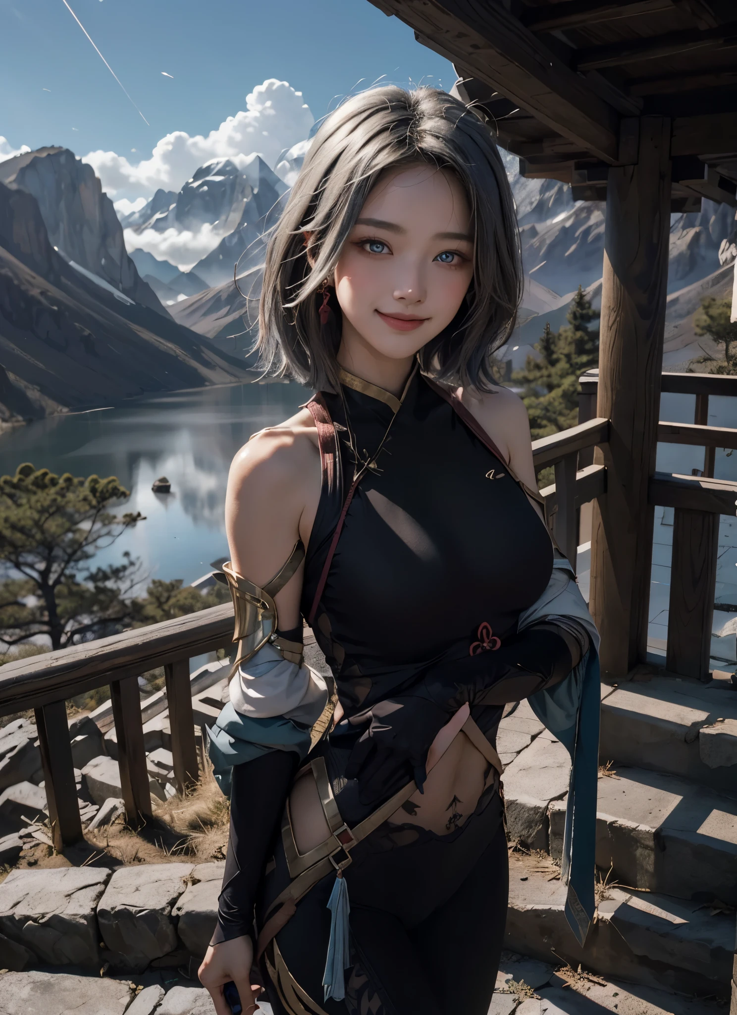 shenhedef, upper body, smile, blush, outdoors, day, simple background, blue sky, short hair, sky, temple, looking at viewer, stairs, mountain, moody lighting,