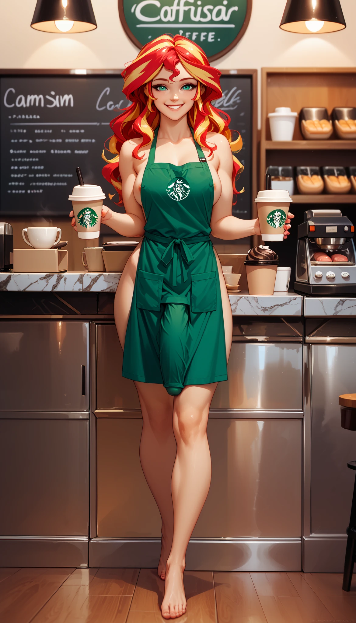 Sunset shimmer, as a barista, full body, in a coffee shop, wavy hair, bright warm smile, writing a name on a coffee cup, bright, optimistic, naked, wearing an apron, futanari, penis under clothes, just the tip visible