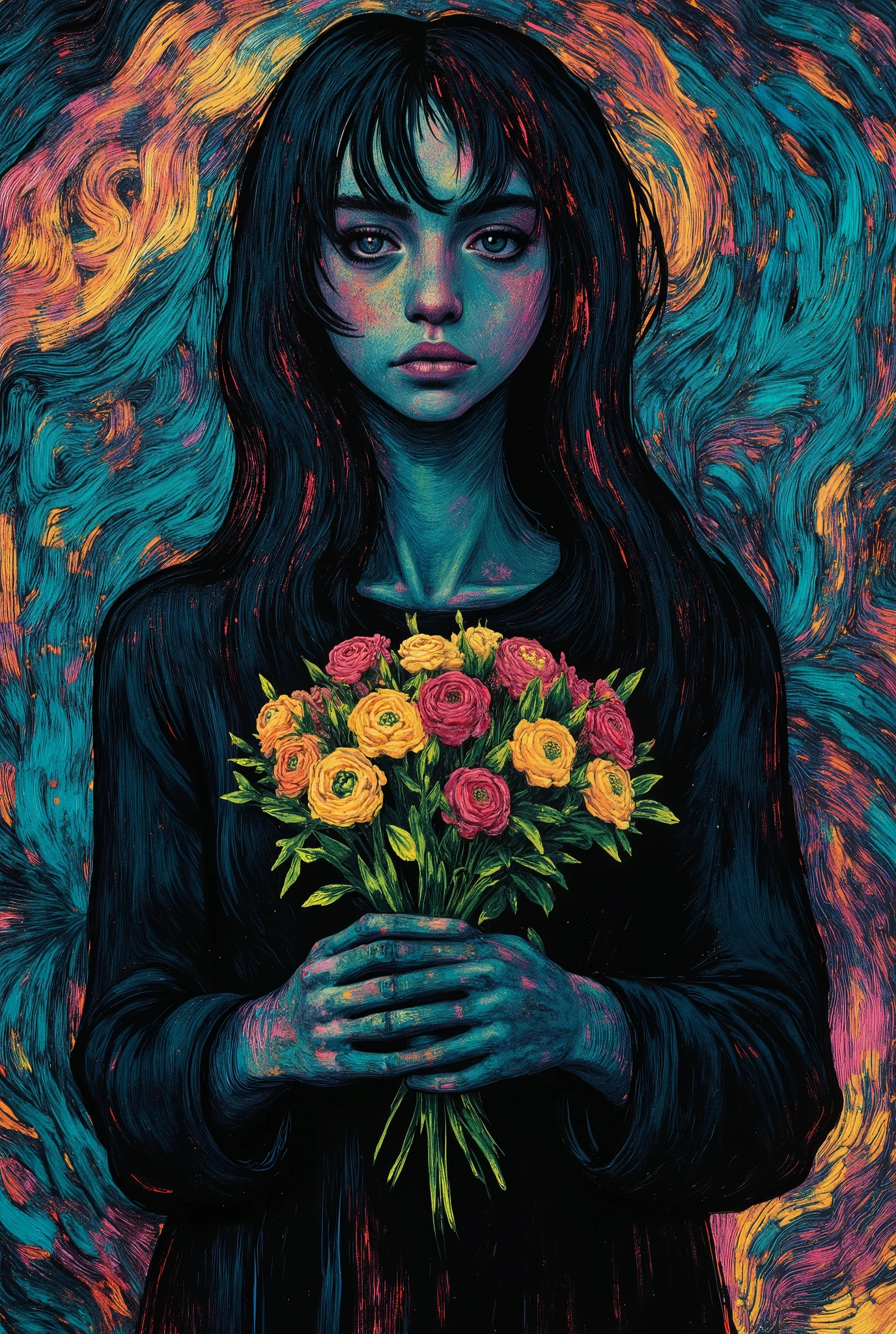 high contrast,portrait,side view, 1 girl ,hands holding flower bouquet, Abstract Art,melancholic,fullcolor,oil painting ,b3rs3rk,style of Aberdeen Bestiary,fractal psychedelic,style of Edvard Munch,moody girls
0 comment