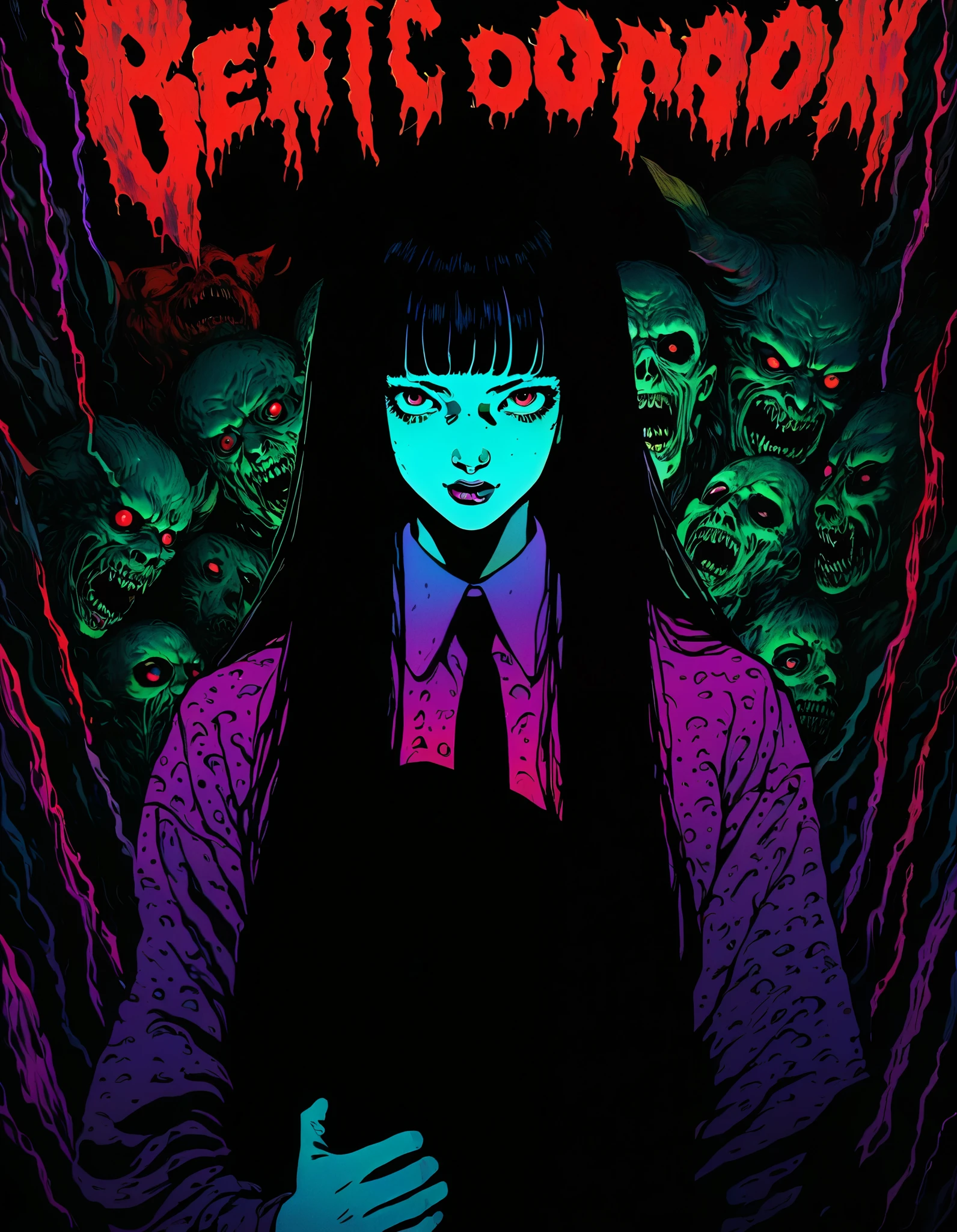 illust、art、from 80s horror movie, directed by Junji Ito、nightmare、hell、devil、high detail, realsitic shadow、Analog style, vhs style, 8mm film, chromatic aberration, Dvd screengrab、Blue-purple and red-purple gradation、Surrealism