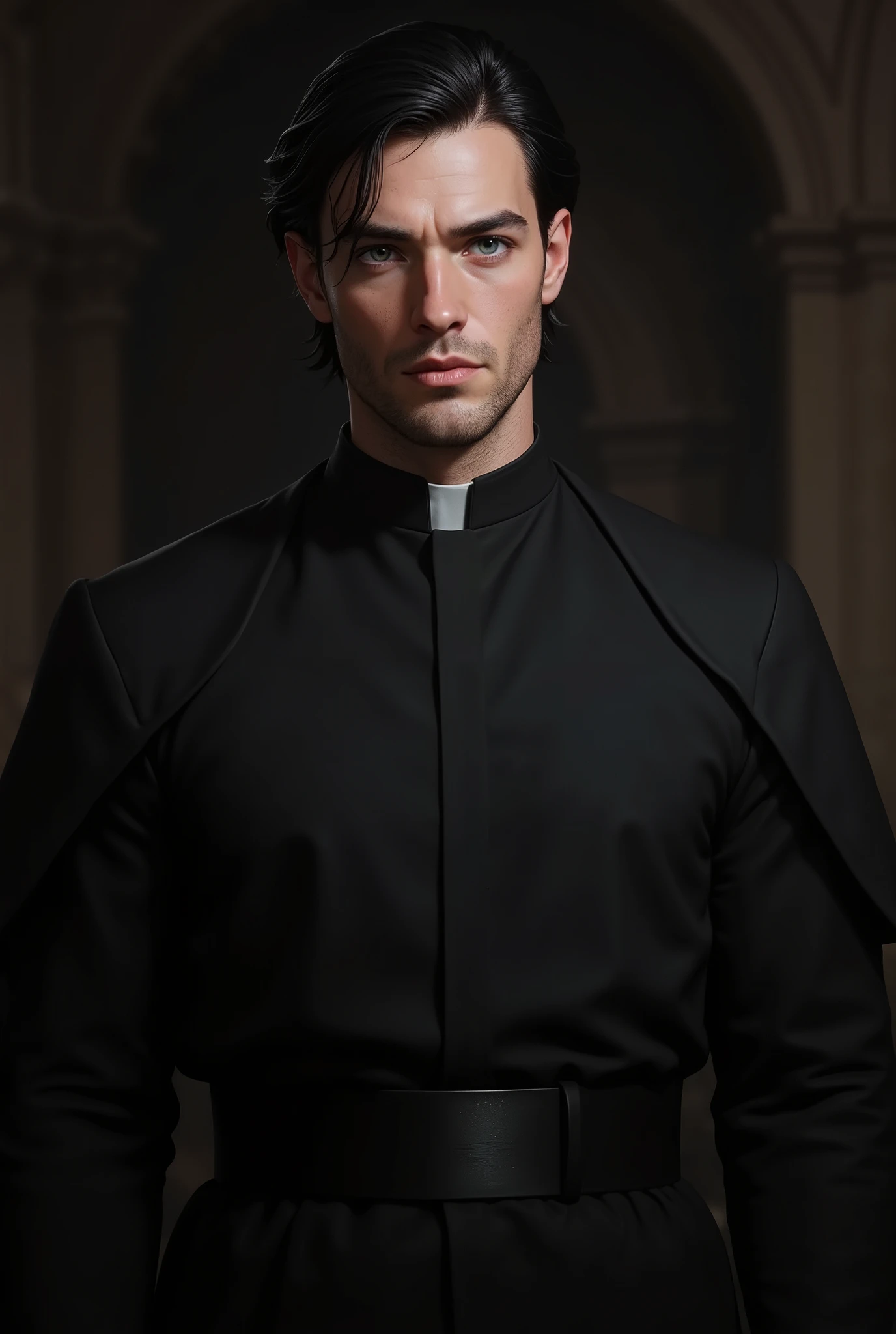 28 year old man, tall, strong, black hair thrown back, blue eyes, full lips and defined jaw, fair skin, he is dressed in a black priest's cassock, he is looking straight ahead.
