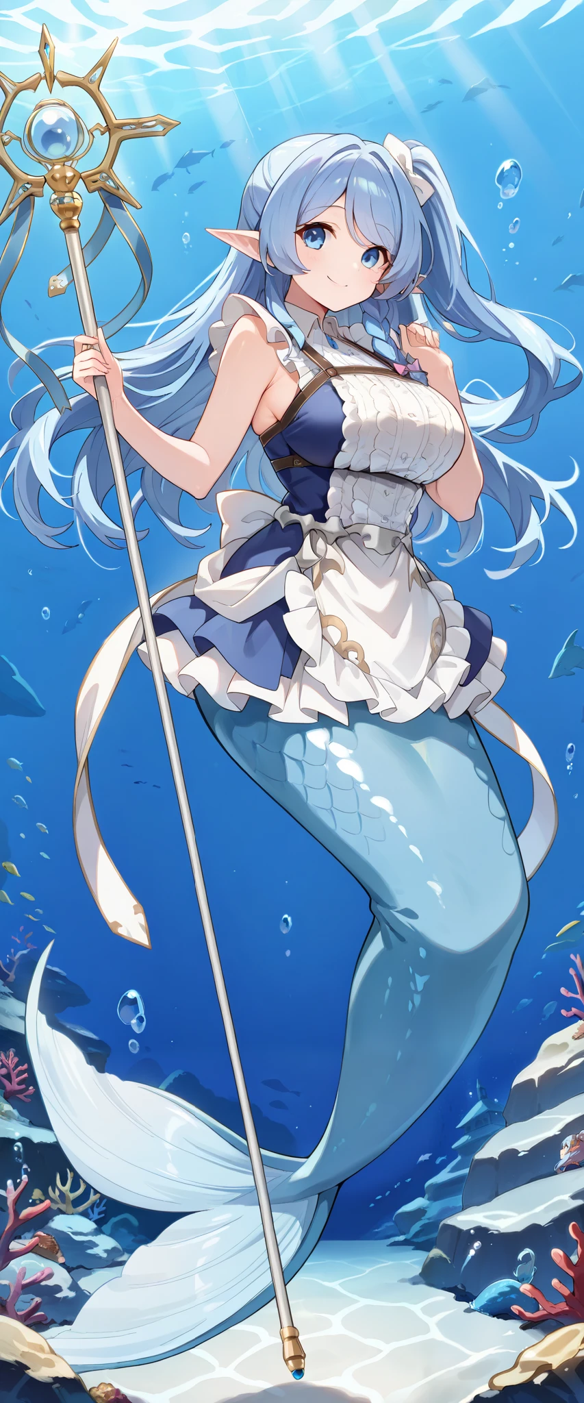 (Fraction_9:0.9),Fraction_8_up,Fraction_7_up,grade_of,实际of,(zPDXL3), (   masterpiece),  (   best quality ),(完整of五根手指),   a girl   ,Water Enchantress of the temple,( long blue hair),Side Ponytail, apron,  blue eyes   ,Elf ears,独自of,  Big Breasts  ,Mermaid,蓝色ofMermaid尾巴,Smile,害羞of,Love,(Underwater:1.2),Holding a staff,Full body picture