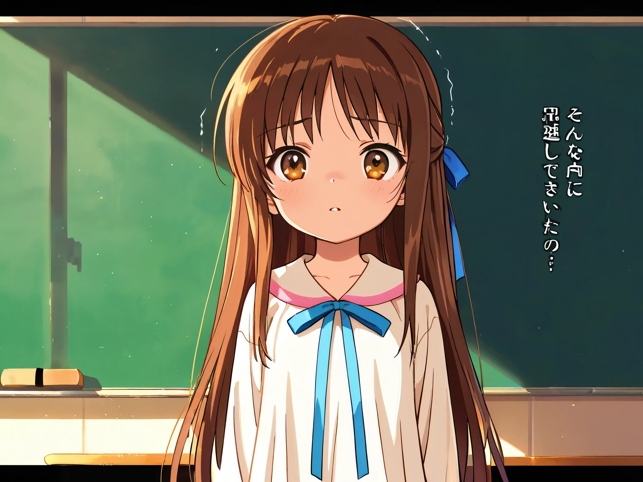 (Top Quality), (Very Aesthetic), (Super Detailed), (Best Illustration), Loli, Solo Female, female , Girl, half updo, Blue Ribbon, Long Hair, Straight Hair, Sideburns, Center Parting, Brown Hair, Brown Eyes, tremble in fear, (flat breast), Standing in the classroom