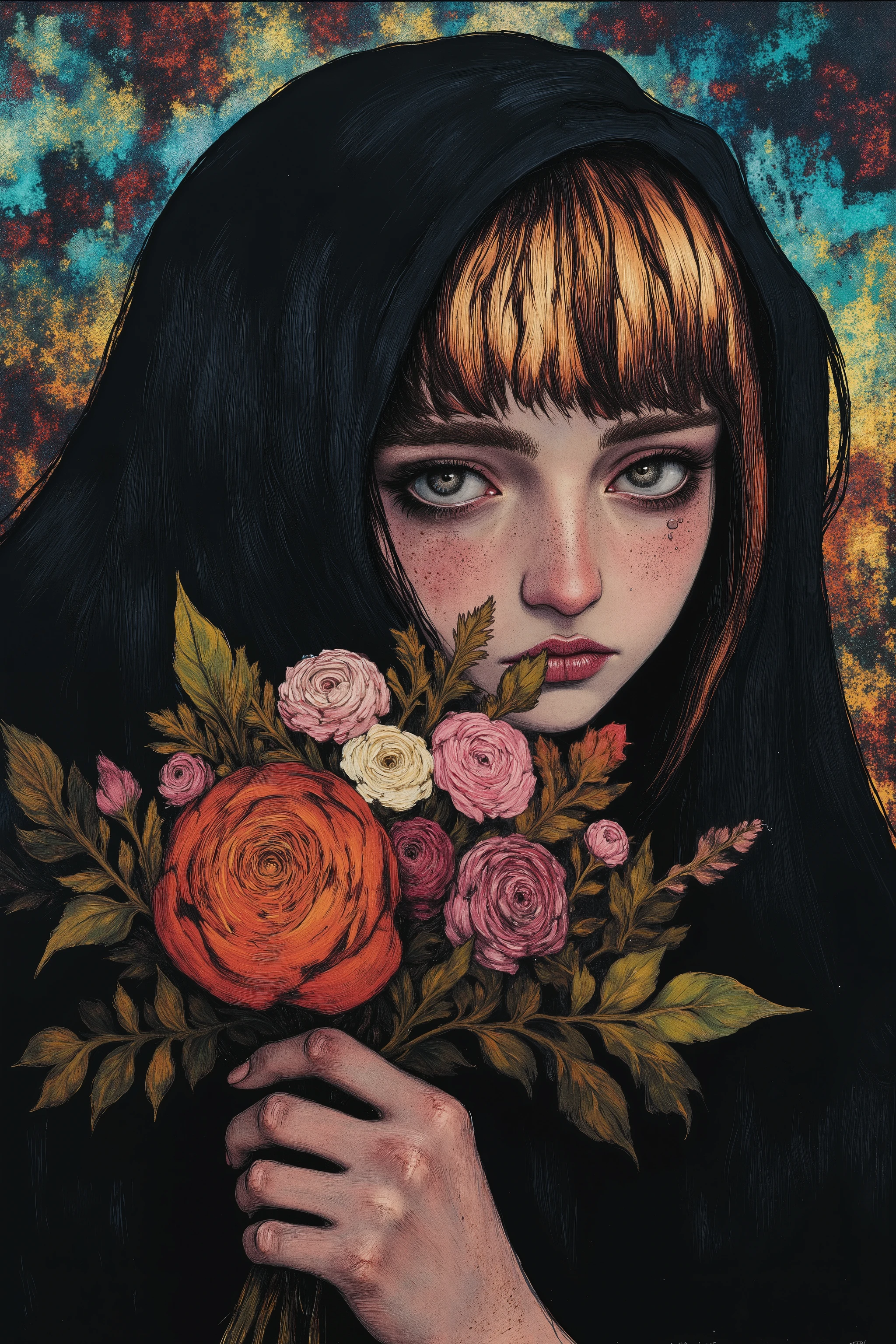 high contrast,portrait,side view, 1 girl ,hands holding flower bouquet, Abstract Art,(melancholic,harf closed eyes,look down :1.5),tear,fullcolor,oil painting,blak veil, ,b3rs3rk,style of Aberdeen Bestiary,fractal psychedelic,style of Edvard Munch,moody girls
0 comment