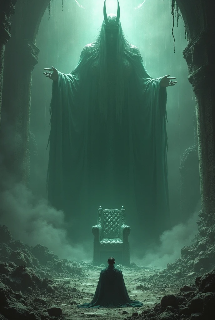 Loki trapped in the nightmare — Asgard in ashes , the shattered throne , and Loki kneeling on the ground , with a gigantic shadow of La Llorona behind him, extending his ghostly arms .