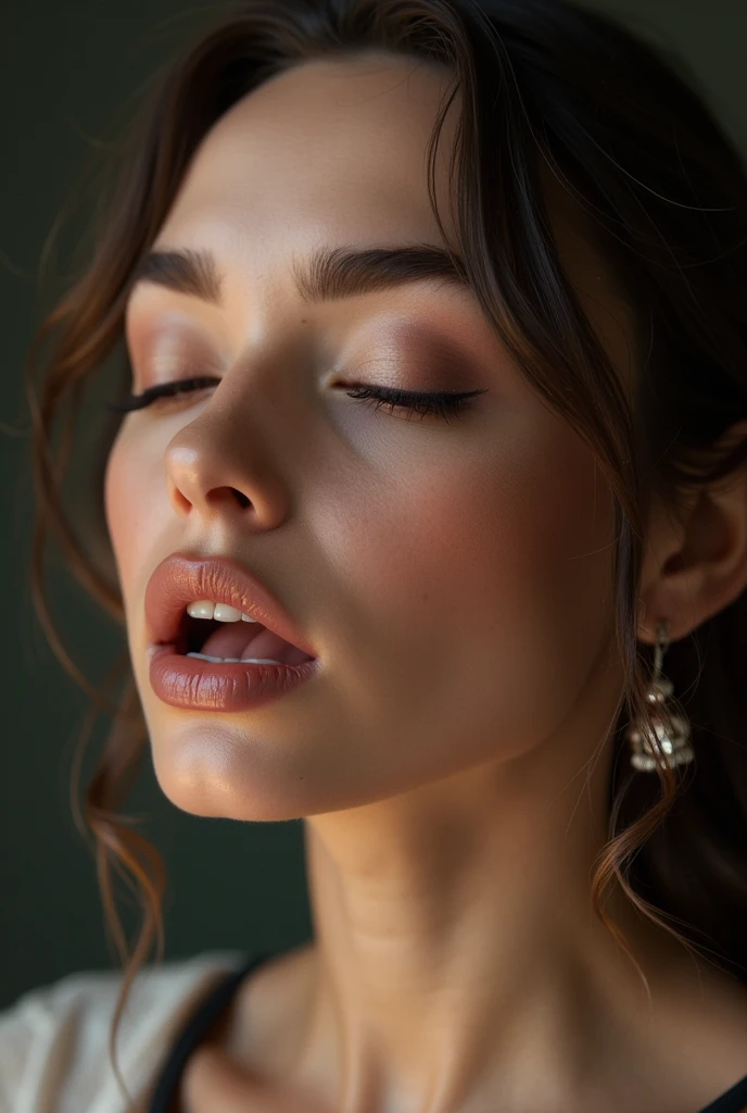 a close-up image of a beautiful woman, 25 years old, eyes closed, moaning,edgOrgasm,face focus,woman with edgOrgasm_face, mouth wide open, realistic skin, super defined and contoured lip contour, tanned Skin, beautiful face, no makeup, no eyeliner, no eyelashes, (eyelashes not be visible), (should not be visible), moaning mouth, voluminous lips, small eyes, super defined and detailed eyebrows, extremely symmetrical face, Hair tied back, extremely fine details, Ultra defined realism, ultra HD 8K resolution, extremely realistic and detailed skin, no visible shadows, defined eyebrows, substance painter render, (Hair cannot be in front of the face), 8k, best quality, masterpiece, realistic, ultra detail, photo realistic, hyper realistic, smoother lighting, increase cinematic lighting quality, realistic lighting, backlighting, brightening light, Increase quality, best quality real texture skin, close-up, slender, mystical background