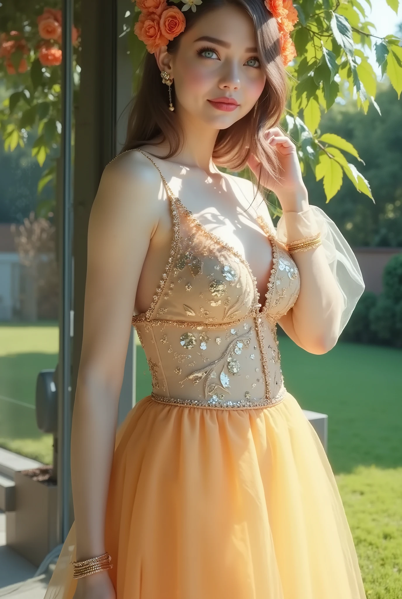 ((RAW photo), absurd, (absurdresolution)), masterpiece, best quality, (best shadow), beautiful detailed glow, hyperrealism, (best shadow), Realistic lighting, beautiful detailed glow, ((looking at viewer, slightly bent leg,)), (attractive, inky blue eyes, flowers in hair), 21 years old, (New elegant traditional pink persian dress, bright colors, shiny sequin, tulle), (arrogant pose), (midday, oak garden), ((from below, Photographic Perspective)). «SunPuma S»