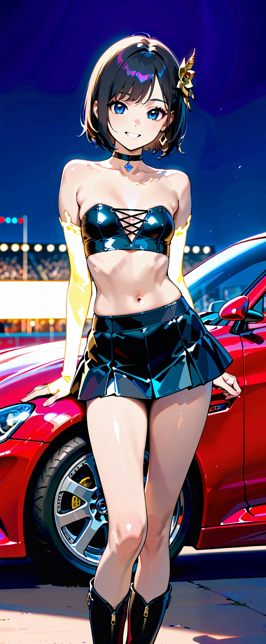 top quality, ultra high resolution, One person, small breasts, Black Choker, smile, exposes shoulders, focus only , Watch Viewers ,Fair skin,Car racing track, photon mapping to viewers, very detailed background, K-pop Idol , depth of field on the shoulder, hair ornament, detailed face,輝く肌,,whole body, shiny micro mini skirt ,shiny micro tube top,shiny long boots lace queen, small tits, cute pose , sports car,,