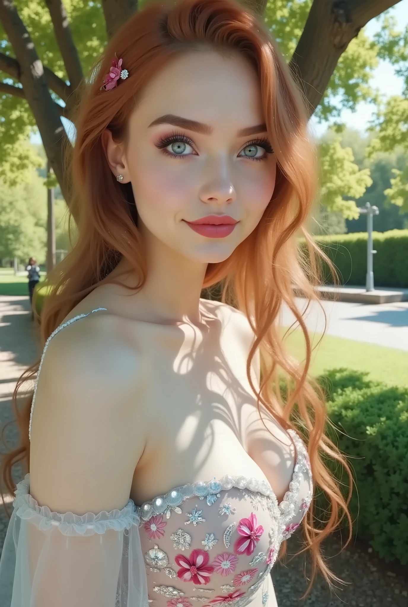 ((RAW photo), absurd, (absurdresolution)), masterpiece, best quality, (best shadow), beautiful detailed glow, hyperrealism, (best shadow), Realistic lighting, beautiful detailed glow, ((looking at viewer, slightly bent leg,)), (attractive, inky blue eyes, flowers in hair), 21 years old, (New elegant traditional pink persian dress, bright colors, shiny sequin, tulle), (arrogant pose), (midday, oak garden), ((from below, Photographic Perspective)). «SunPuma S»