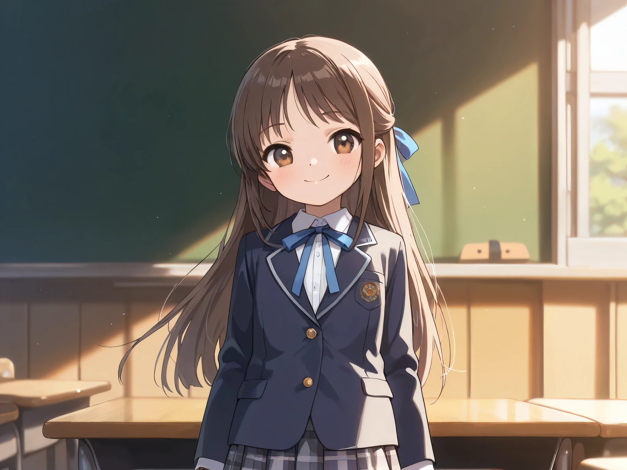 (Top Quality), (Very Aesthetic), (Super Detailed), (Best Illustration), , Solo Female, female , Girl, half updo, Blue Ribbon, Long Hair, Straight Hair, Sideburns, Center Parting, Brown Hair, Brown Eyes, Smiling, (flat breast), (school uniform, blazer, classic style with white shirt and plaid skirt, formal look), Classroom Lessons