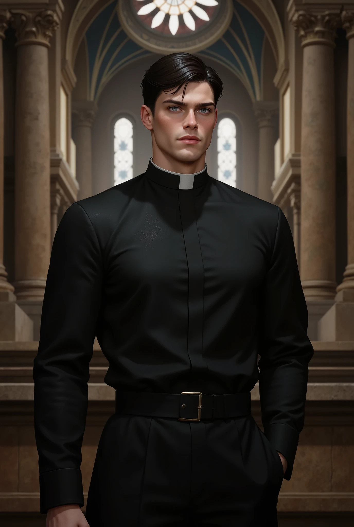 28 year old man, tall, strong, black hair thrown back, blue eyes, full lips and defined jaw, fair skin, he is dressed in a black priest's cassock, he is looking straight ahead. The background is a church.