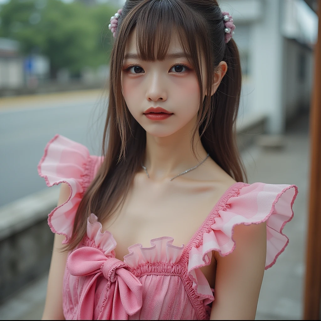 1GIRL, beautiful girl, beautiful face, sassy theme style, fantasy, fine details, (best quality), (intricate details), cute style, chic style, colorful, cute candy full city background, put it in front of the candy shop, ((long healthy black hair with bangs)), best quality, ((beautiful off-red frill high-low tulle dress with a white bodysuit, made a stunning impression on, fantasy woman)), (beautiful style)), beautiful face, funny, cute face, pinup, perfect face, cute candy shop background portrait (masterpiece : 1.2, top quality), (original image, intricate details), (1 woman, solo, upper body, chest) Clothing: sharp, stylish, cool, fashionable, non-standard, avant-garde, experimental Appearance: hair popular women or cute colors, natural makeup, unusual fashion choices, idol stars Behavior: cool, non-conformist, stylish Place: city full of sweets, Underground Music World Hobbies: wants to decorate the world with candy and colors colorful, creating art in mixed media, experimenting with subcultures Different values: individuality , authenticity, creative expression Sources of inspiration: beautiful and cute, counterculture icons, avant-garde art movements Character traits: bold, online, non-standard . Top image, middle image, front look