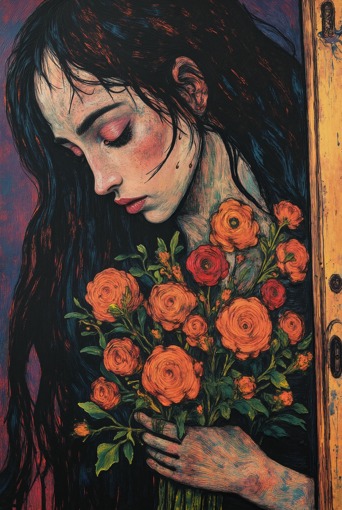 high contrast,portrait,side view, 1 girl ,hands holding flower bouquet, Abstract Art,melancholic,fullcolor,oil painting ,b3rs3rk,style of Aberdeen Bestiary,fractal psychedelic,style of Edvard Munch,moody girls
0 comment
