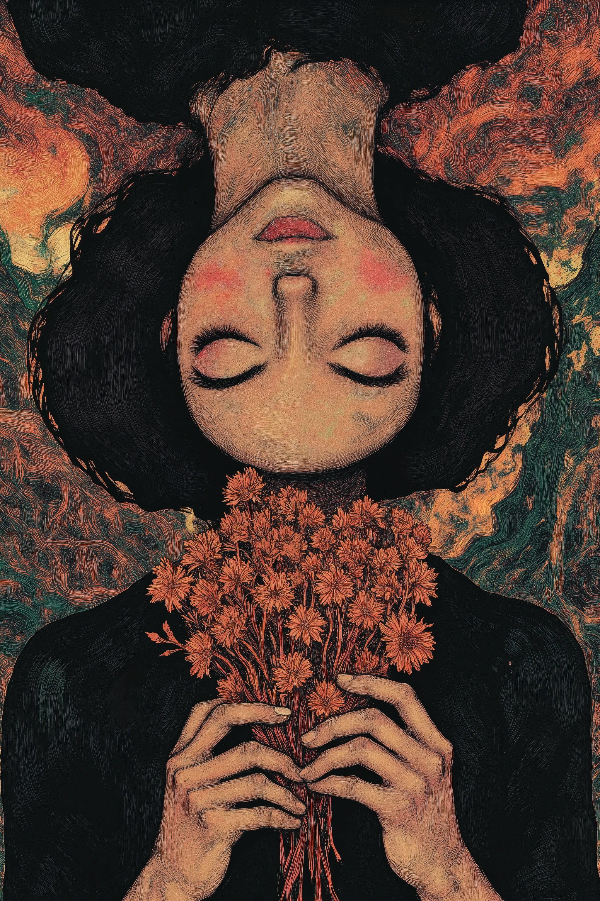high contrast,portrait,side view, 1 girl ,hands  holding flower bouquet, Abstract Art,(melancholic,closed eyes,upside-down face :1.5),fullcolor,oil painting　,b3rs3rk,style of Aberdeen Bestiary,fractal psychedelic,style of Edvard Munch,moody girls 
0 comment