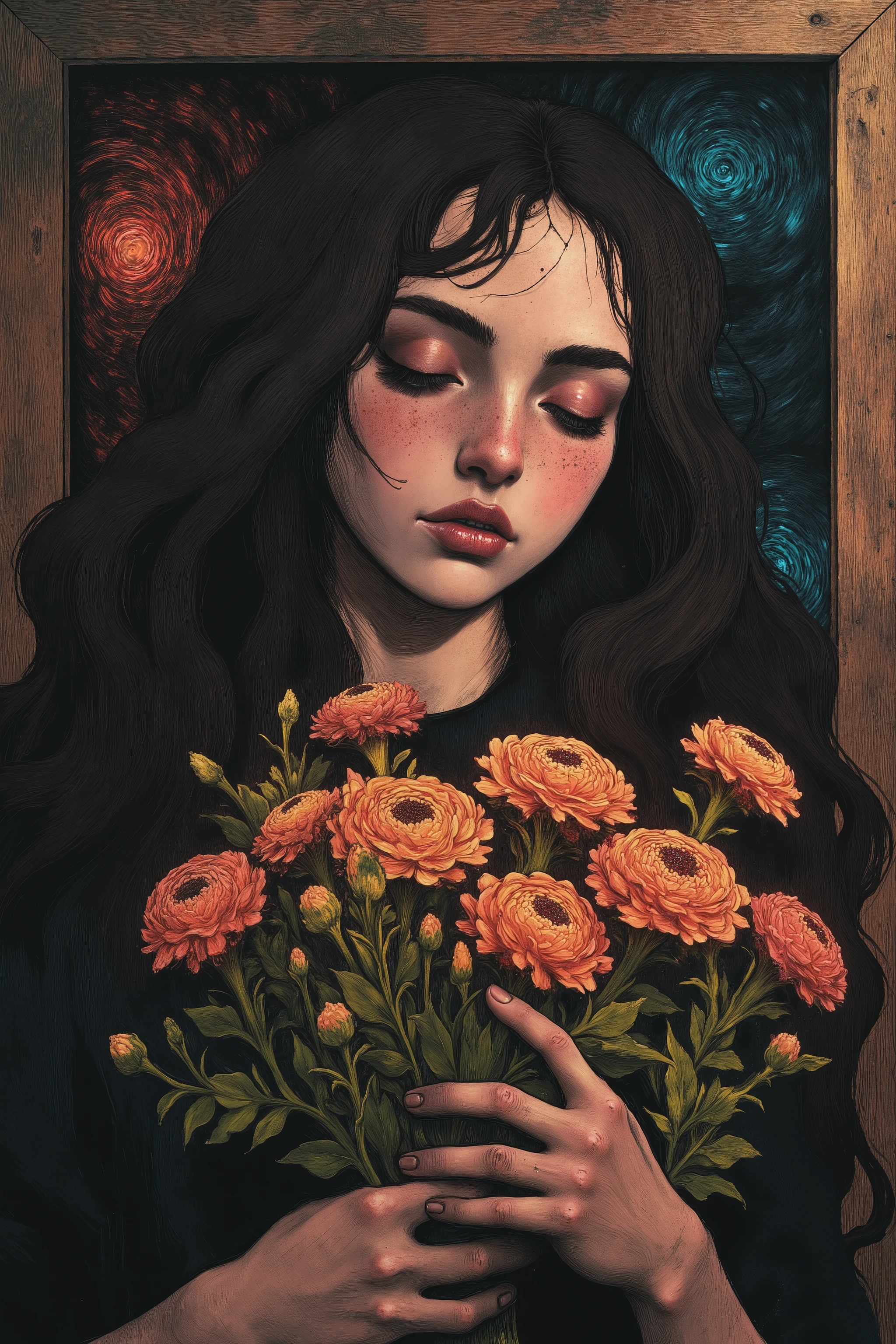 high contrast,portrait,side view, 1 girl ,hands holding flower bouquet, Abstract Art,(melancholic,closed eyes,look down :1.5),tearfull,fullcolor,oil painting ,b3rs3rk,style of Aberdeen Bestiary,fractal psychedelic,style of Edvard Munch,moody girls
0 comment