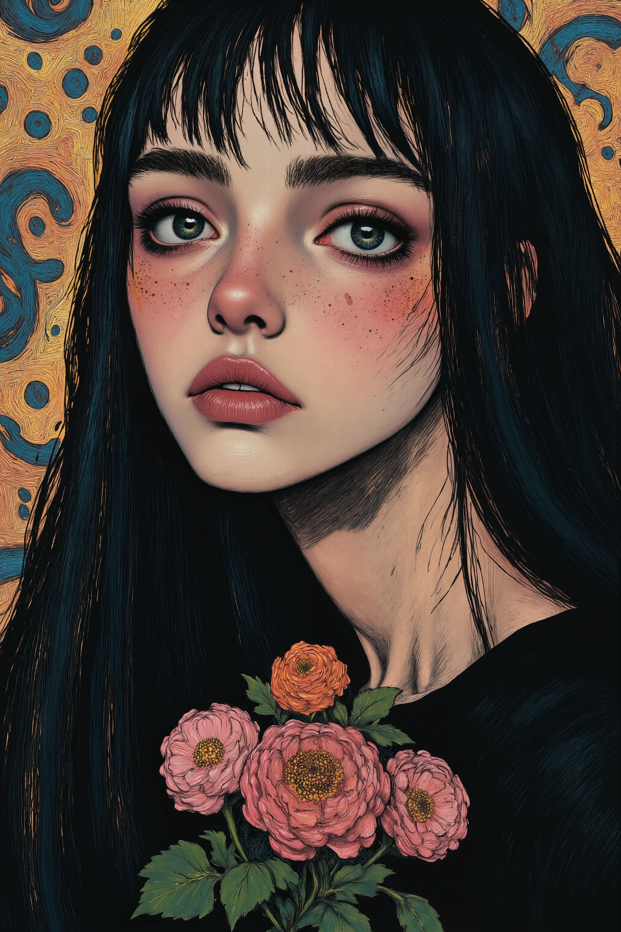 high contrast,portrait,side view, 1 girl ,hands  holding flower bouquet, Abstract Art,(melancholic,harf closed eyes,look down :1.5),tear,fullcolor,oil painting,blak veil,baroque style,　　,b3rs3rk,style of Aberdeen Bestiary,fractal psychedelic,style of Edvard Munch,moody girls 
0 comment