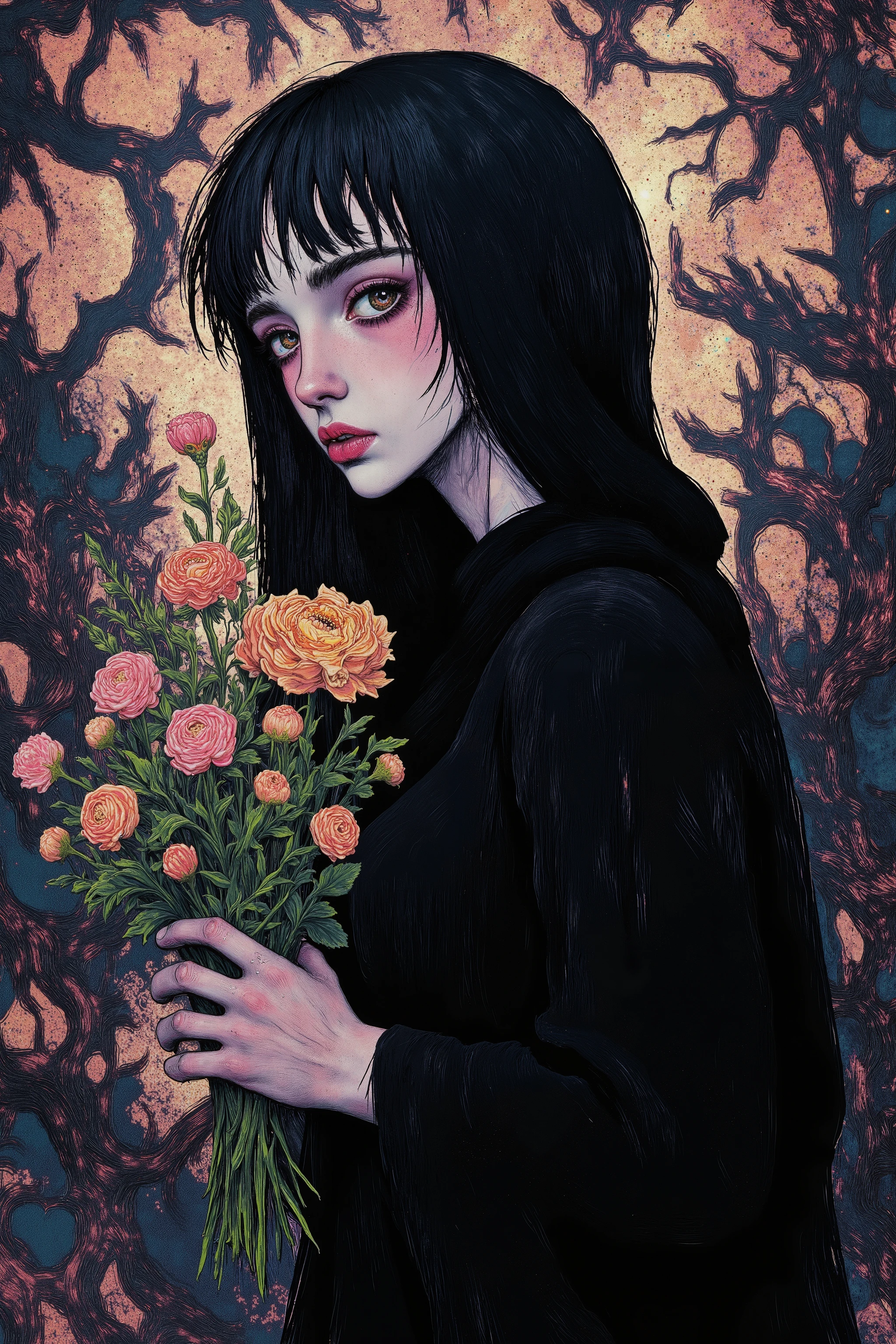high contrast,portrait,side view, 1 girl ,hands  holding flower bouquet, Abstract Art,(melancholic,harf closed eyes,look down :1.5),tear,fullcolor,oil painting,blak veil,baroque style,　　,b3rs3rk,style of Aberdeen Bestiary,fractal psychedelic,style of Edvard Munch,moody girls 
0 comment