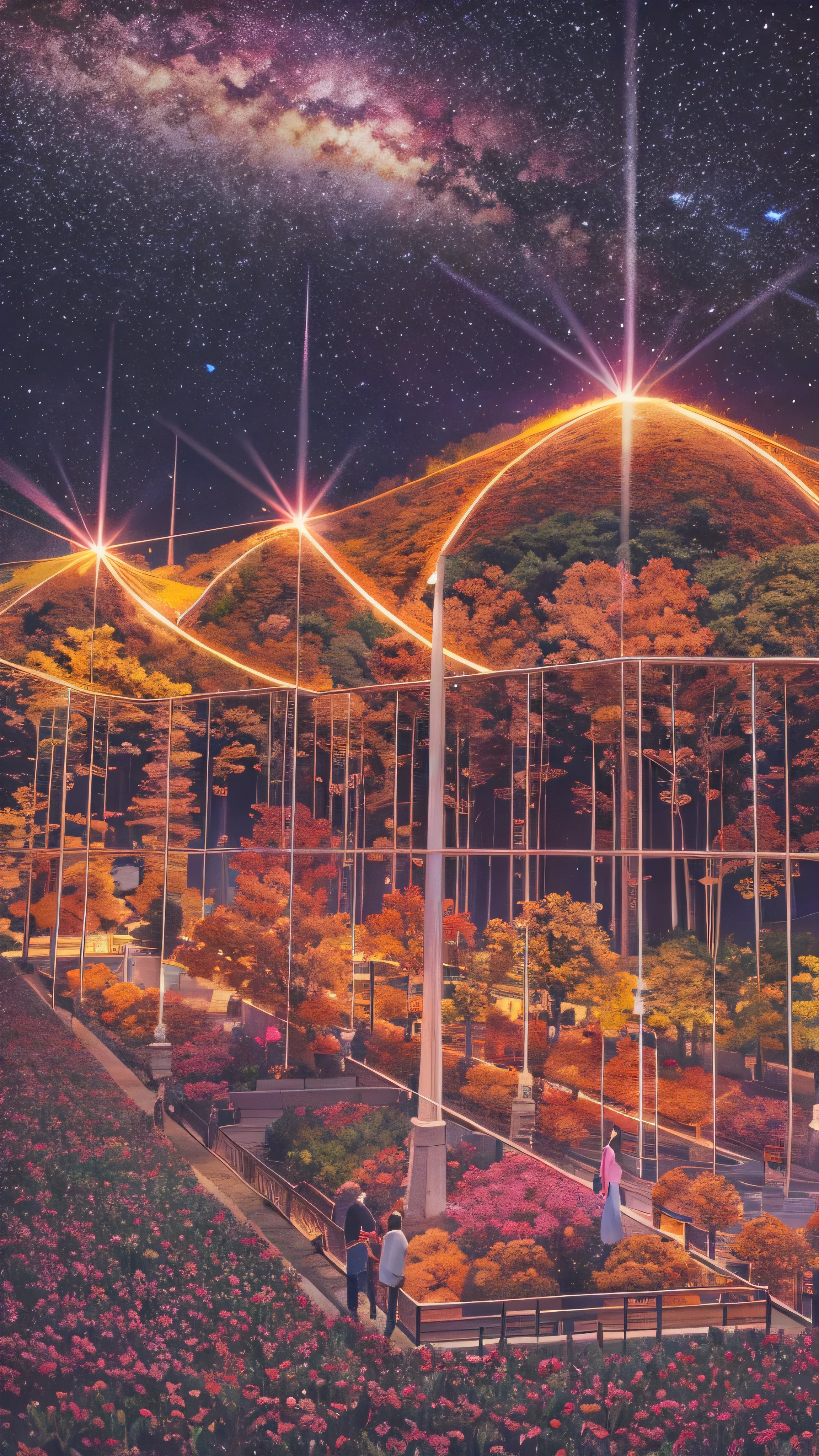 Starry night scene of a park with people walking and sitting on benches ...