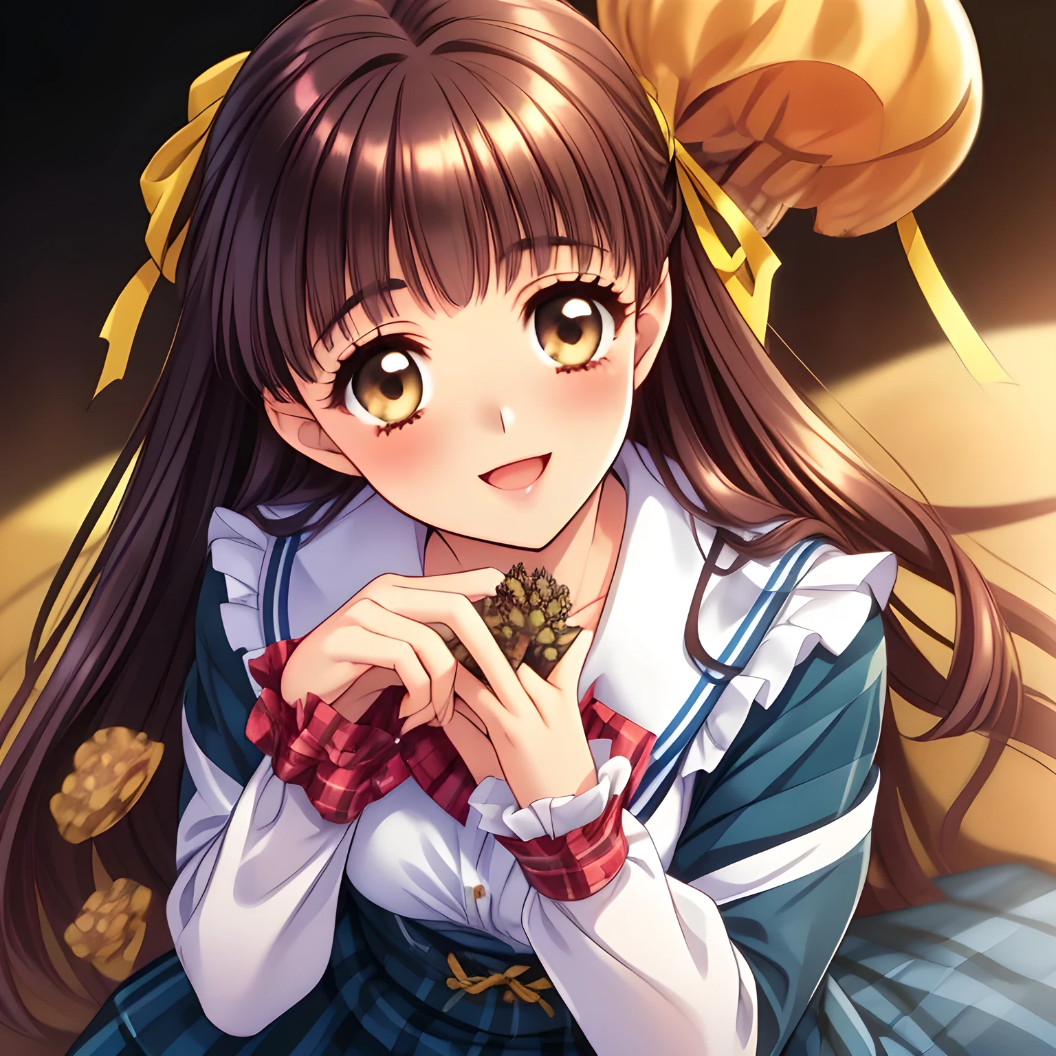 (highest quality, masterpiece:1.2), highest quality, High resolution, 1080p, 8K, Height: 160cm, (Noble lady, just won the noble beauty Grand Prix, (stroking (a morel with fingers) gracefully), too flattering smile, amazingly neat & clean, in peace and neat lovely strong charm, face up, gaze down, tilted head: 1.8), (Too noble beautiful lady like a love-story comic heroine), (laugh in bliss), (Whispering the viewer's subliminal desire secretly to hypnotize the viewer), A very lovely, very noble, pretty and pure beautiful girls. ((Bursting out Laughing very elegantly)), Using expensive whitening cosmetics by cosmetics artist: 1.2), A face that everyone loves, Glossy lips, Even bangs, (Too beautiful blue fascinating shiny (brown eyes) with love to the viewer, with detailed clearly (like girlish comics beautiful lovely heroine): 1.5), ((Black long Hair)), ((long amazingly beautiful straight wavy long hair: 1.5)), (Neat sailor uniform, neat expensive (white silk frilled blouse), (A long, very neat, dark (navy blue) (tartan-checkered pleated (dark-blue) skirt)), (too pretty shiny light-yellow realistic school ribbon): 1.5), (Extremely lustrous, shiny game heroine lips, laughing open mouth: 0.8), (Ribbon in (black hair), The ribbon is big and very pretty, Beautiful black hair like a hair model), (Tight waist, slender like a beautiful fashion model, all the high-school student ladies admire their style: 1.5), (The background is plain black space to emphasize their fascination: 1.6), (The lady knows well about the viewer's super fetishism for school uniforms, inviting the viewer into uniform dream of succubus, and satisfies it completely with her hands and skirts and (laughter giving extreme pleasure) deeply (in the viewer's clear lewd dream): 1.6), (beautiful expensive gorgeous atmosphere which the viewer can't stop being lustful: 1.5)