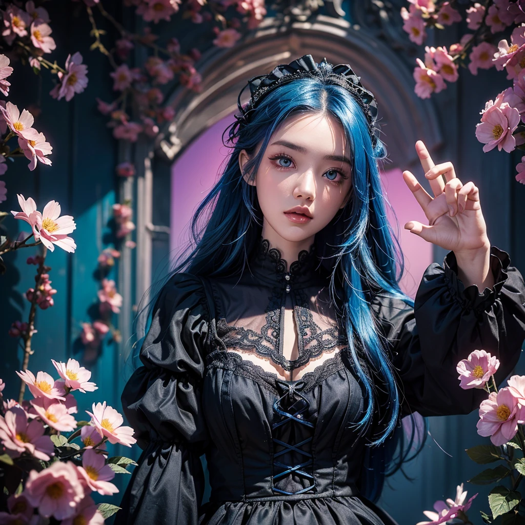 En un hermoso parque una mujer de aspecto moderno. It has a very colorful and striking kawaii gothic style.., con un maquillaje elegante y una peluca colorida.