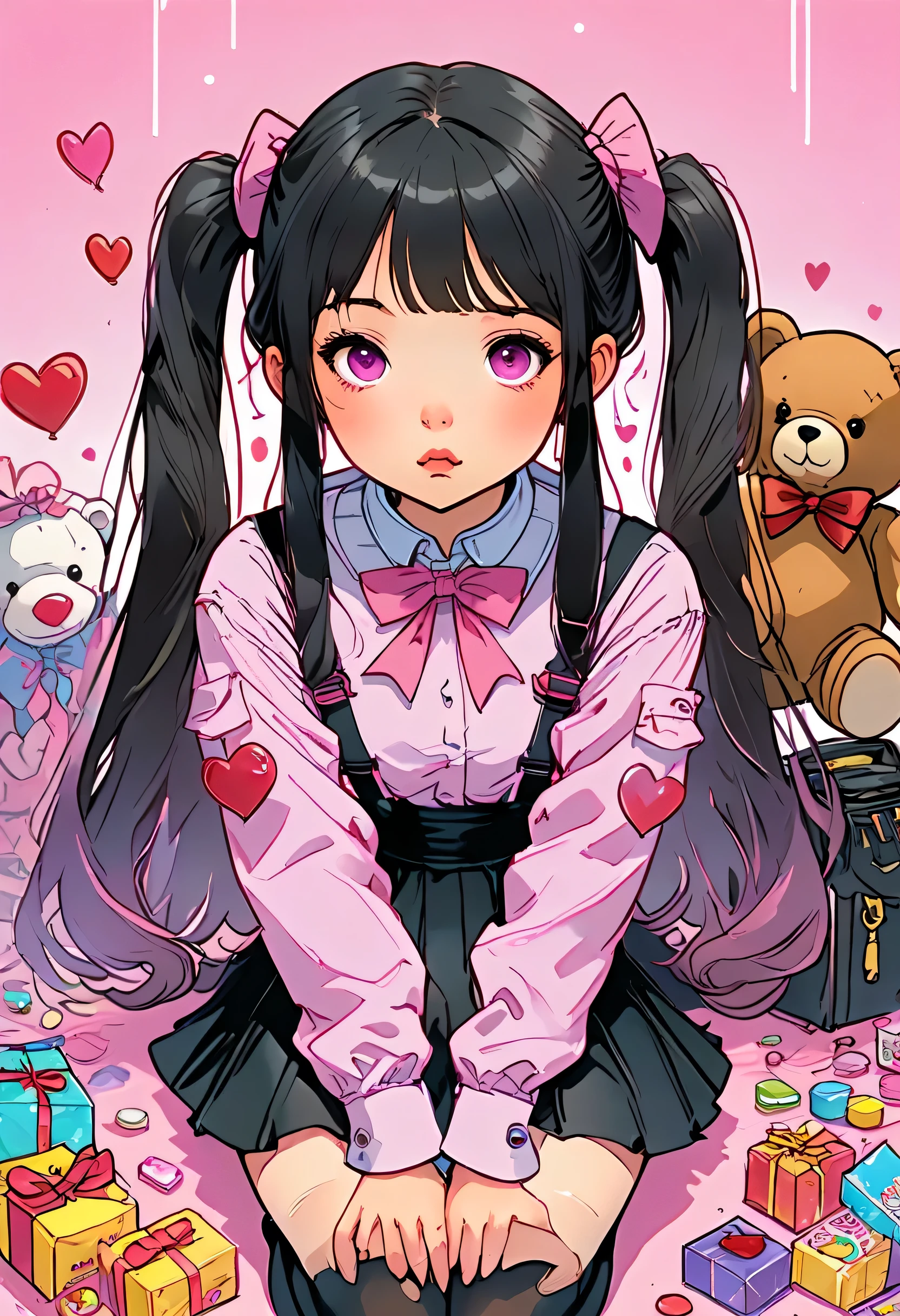 (Mine Disposal Unit :1.5), one girl, cute face、Alone,Length Hair, straight hair, twin tails on legs, watching viewers, shirt, Long Sleeve, bow, ribbon, twin tails on legs, Sitting, heart symbol that's bad, pantyhose, frilld, black shoes , choker, black skirt, pink eye, plush toy, pink background, candy, pink shirt, teddy bear, lollipop , pink theme rising on both sides、moebiusの絵画からインスパイアされたイラストレーション、、an ink drawing inspired by jean moebius giraud, Tumbler, bolticism , ( moebius ), moebiusとモーブハッカー , moebius風, moebiusのイラストレーションアート , in the stlye of moebius, moebius Art , moebius Art work