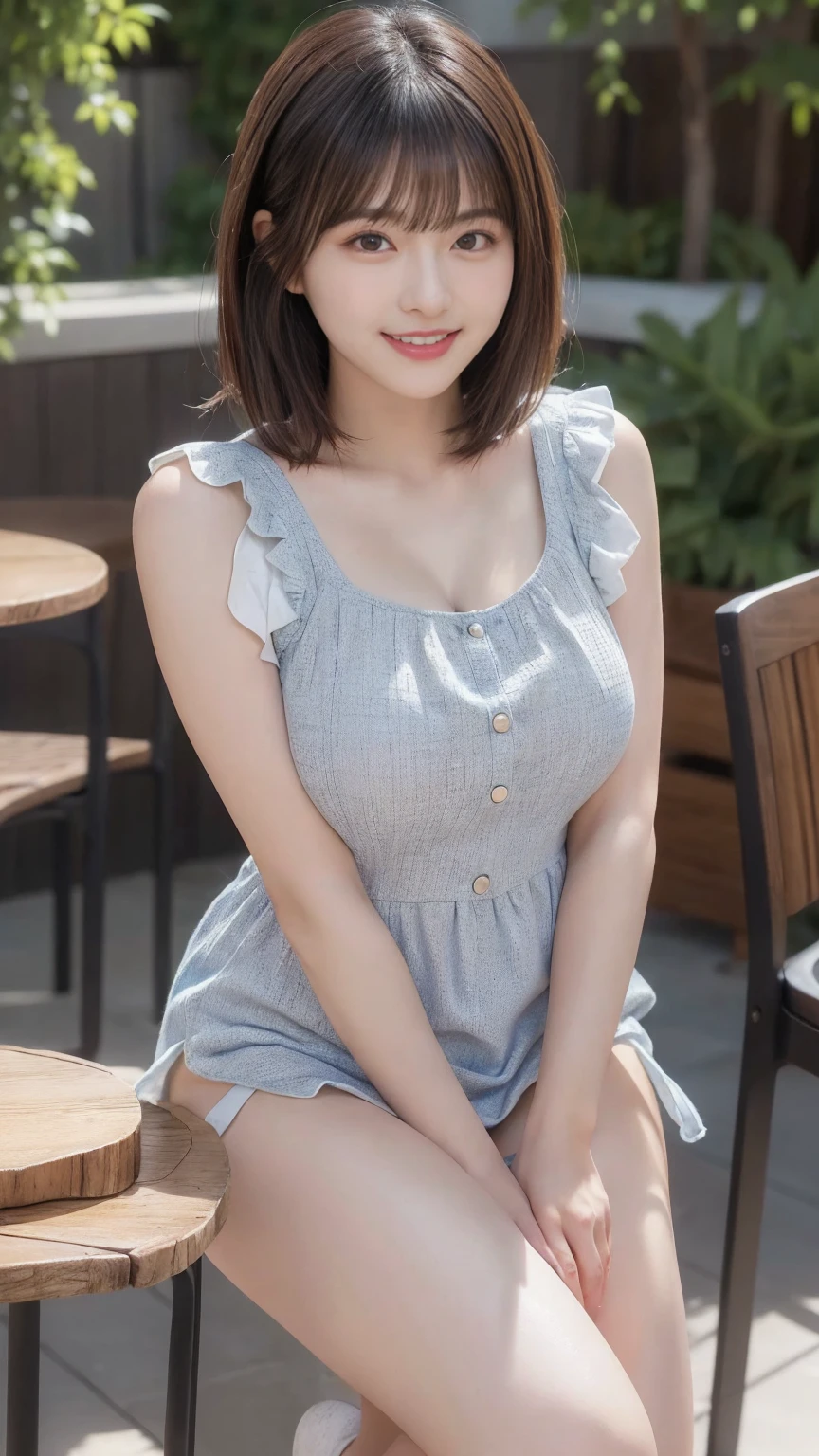 (skin spots: 1.2), (skin dentation), Black eyes, 1 female, 25 years old, ((((Female))), Solo, Real, Best Quality, Photorealistic, Masterpiece, 8K, High Resolution, Solo, Very Detailed Face, (Professional Lighting, Bokeh), (Light Particle, Lens Flare, Luminous Particle: 0.6), (Dynamic Pause: 1.2), Soft Lighting, Top Angle View, fashionable and trendy, Japan, street, urban, Tokyo, Minato, ((daytime)), sky, ((view viewer:1)), (look at camera), (portrait: 0.6), gorgeous, standing, keep the original facial proportions, wide shoulders, full body, (huge breasts), huge breasts, (short hair), brown hair, floating hair, braided hair, lips, lipstick, seductive smile, floating hair, braided hair, smile, open_mouth, teeth, ((((Cami dress)))), eyelashes, moles, (moles under the eyes: 1),