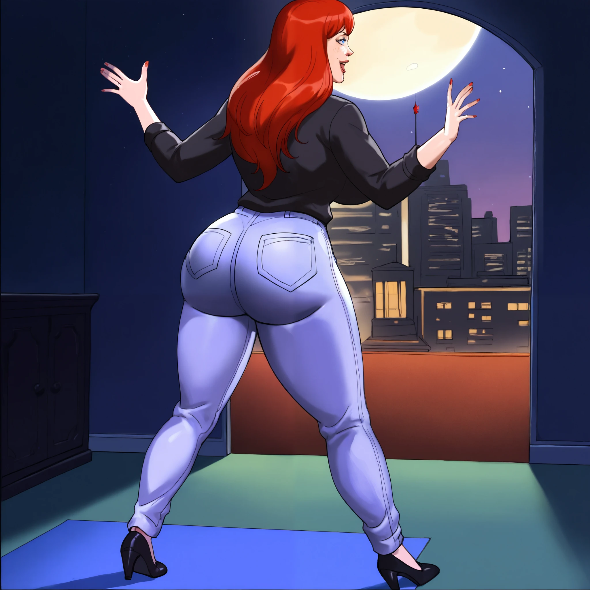score_9, score_8_up, score_7_up, score_6_up, score_5_up, score_4_up, BREAK, 1girl, MJ, freckles arcoss face, blue eyes, dark red hair, long sleeve black shirt, dark blue long jeans, blue black shoes, long straight hair, 1girl, ((huge breasts, huge butt, thick thighs, curvy hips)), full body view, back view, part of face visable from behind, highly detailed, masterpiece, standing, seductive smile, inside new york apartment background, dark blue walls, blue carpet, at night, moon shining down through window.