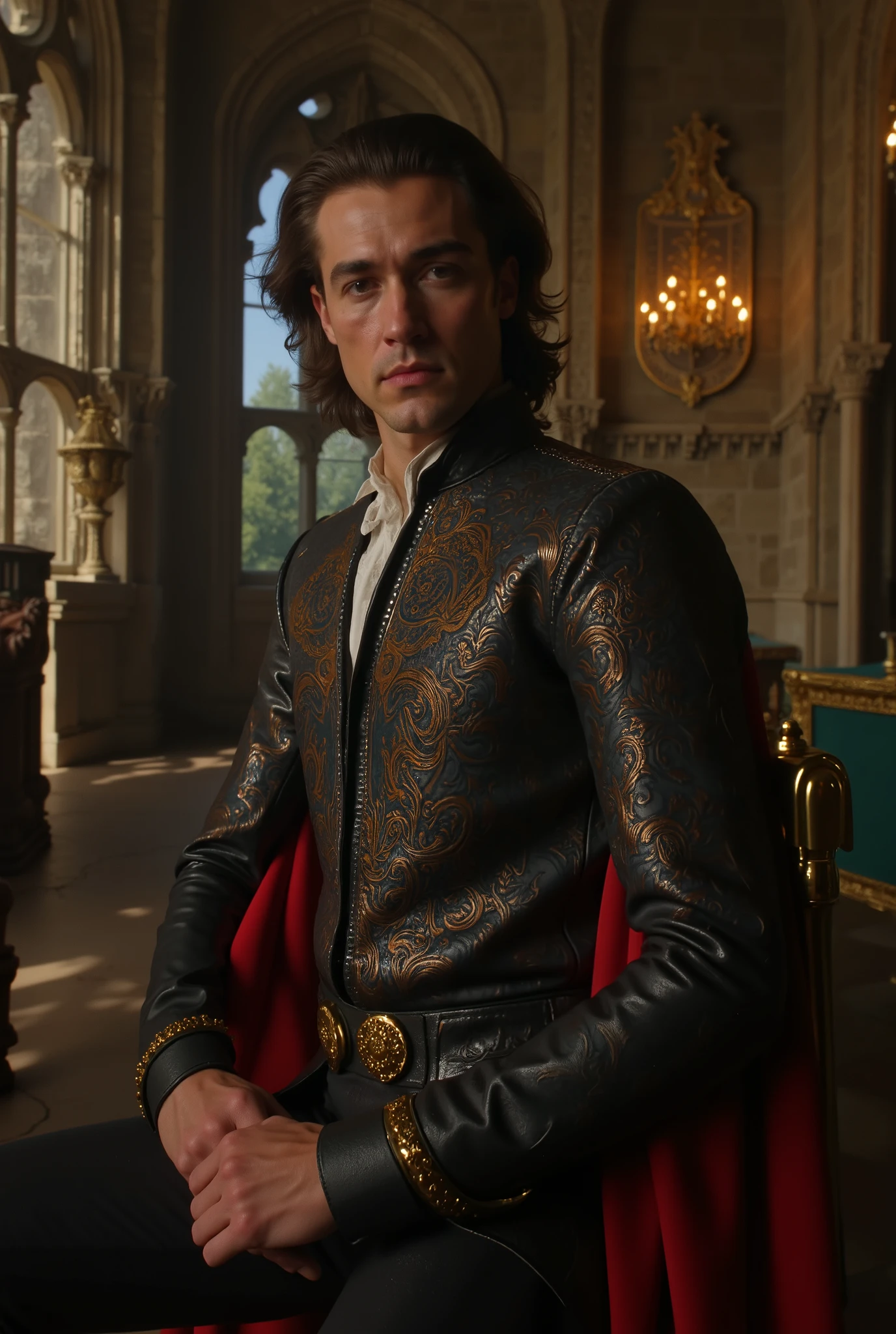 Man, 35y, handsome, long hair, stylish, noble clothes, duke, in a gothic castle, detailed image, uhd, 16k, kodak film style, cinematic 