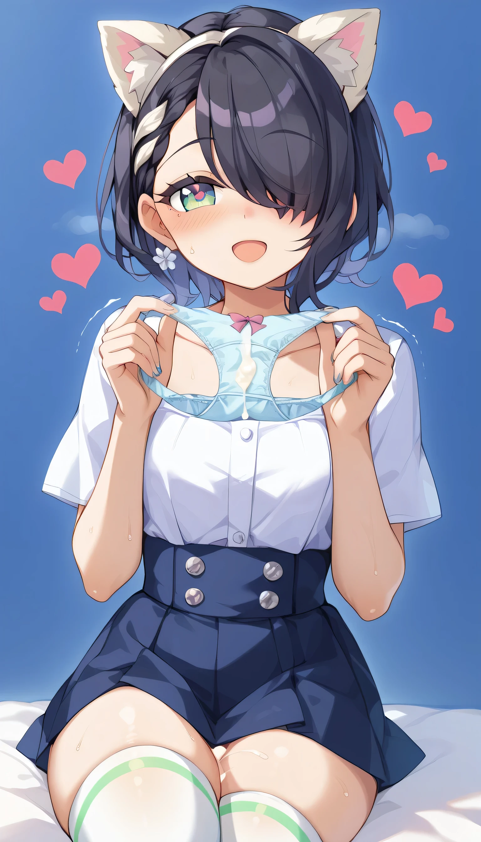 best quality、masterpiece、 front view、looking at viewer、nsfw、sweat、(((vapor)))、(( shiver))、(( heart))、Hair over eyes、 black hair、(trembling)、( very big thighs )、 very big butt、heart shaped eyes、 short hair、Cat ears、open mouth、 thigh high socks、((holding panties)), unworn panties、present Panties、 skirt by humili、(((cum on shot Panties)))、(clothes)、
