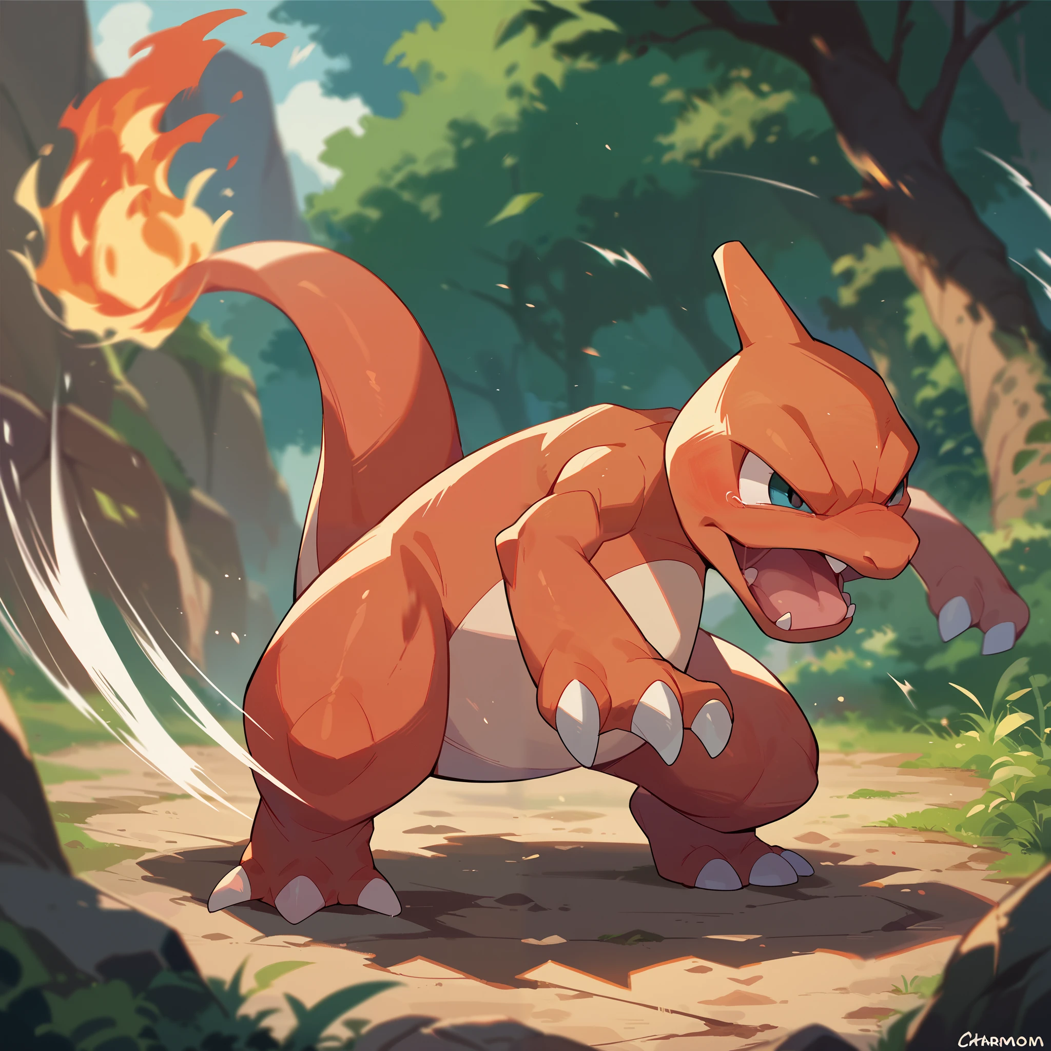 score_9, score_8_up, score_7_up, score_6_up, source_furry, solo, blurred background, dof, full-length portrait, charmeleon, flame tipped tail, pokemon (creature), attacking, angry expression, fire spiral in background, motion blur, action lines, cinematic