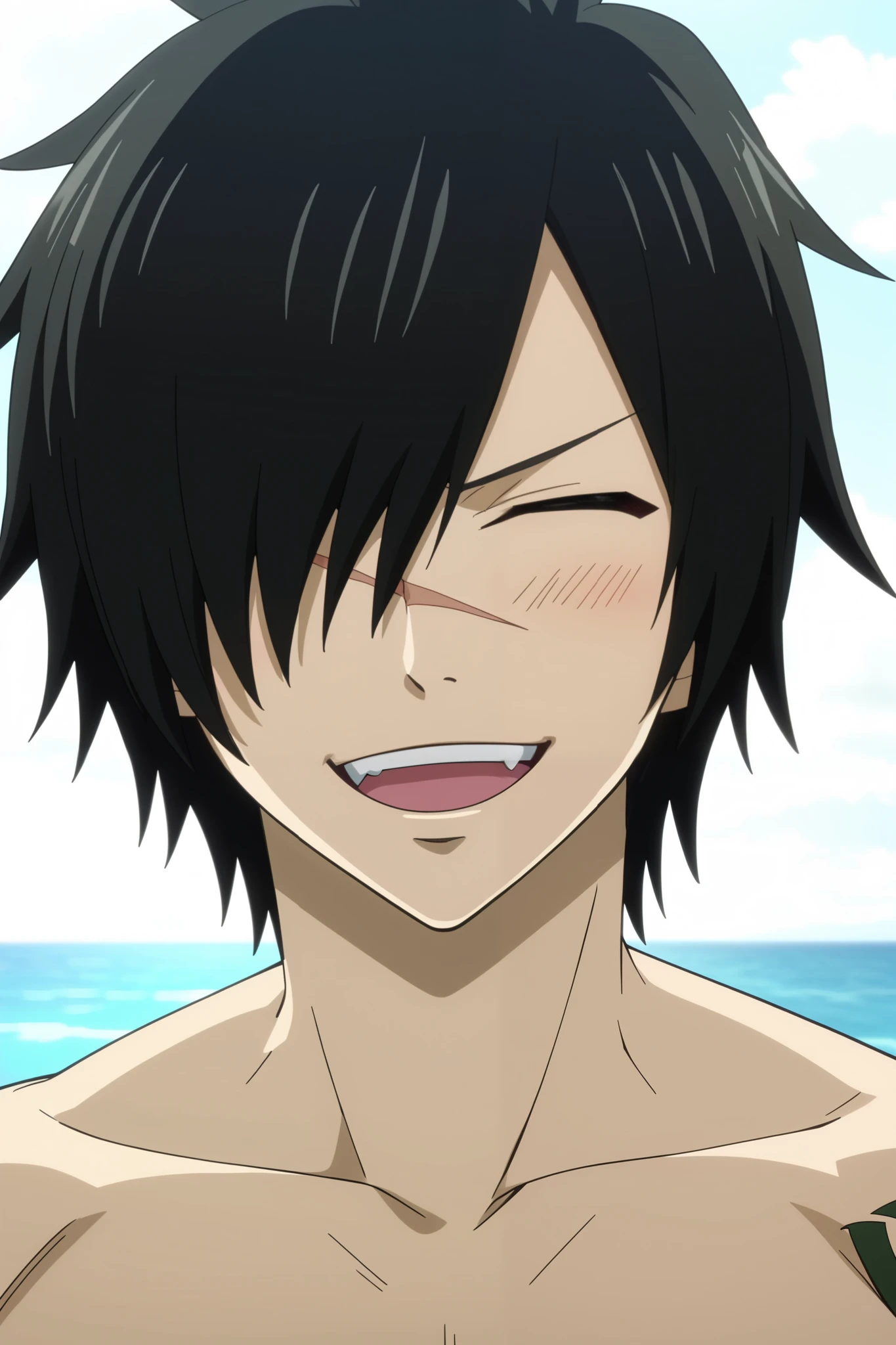score_9, score_8_up, score_7_up, source_anime, rating_safe, rogue_cheney, black hair, red eyes, ponytail, hair over one eye, scar, tattoo, close-up, happy,, 1boy, male focus, anime screencap, best quality, official style, depth of field, looking at viewer, sky background with soft shadows, soft blue lighting highlighting his features, high-quality anime details, vivid colors, official style, Expressiveh, best quality, amazing quality, very aesthetic, high resolution, ultra-detailed, absurdres, newest, volumetric lighting, masterpiece, scenery, depth of field, BREAK, outdoors, beach, BREAK, male, solo, male focus, toned male, 'BREAK, standing, looking at viewer, BREAK, (shirtless), BREAK, (male swimwear, black trunks), thighs, BREAK ((smile, happy, closed eyes, open mouth, blush))