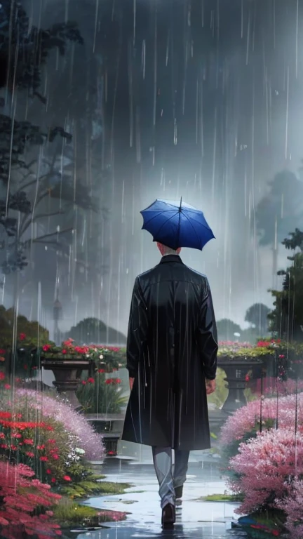 ink painting, full color, White background, The path, Minimalism, Huge negative space, ink painting, person in front of the camera, with umbrella in his hand, Heavy Rain, A person dancing in the rain, holding an umbrella in his hand, full body looking at the camera. Hyper realistic