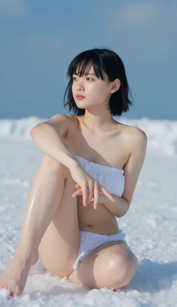 (((10 years old))) ,girl、(brown mickey ears headband)。(Random Nudes),Exhibitionism,((Random exposure of genitals))。 Beautiful areola。((Small breasts)). Thin Hair。On a snowy mountain at night. Detailed and complex background。((Black Hair))。(Round face). ((short hair)). Half Squat Pose. Heavy bangs. Idol's face