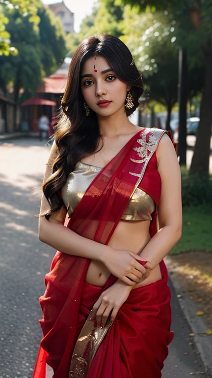 (((desi girl))), chubby face, natural skin, wearing red bridal saree, charming black hair, ((hair ends are blonde)), greenary village background, bokeh,red panty,sexy pose,novel showing,wide hips,big boobs,super figure,hot looks.