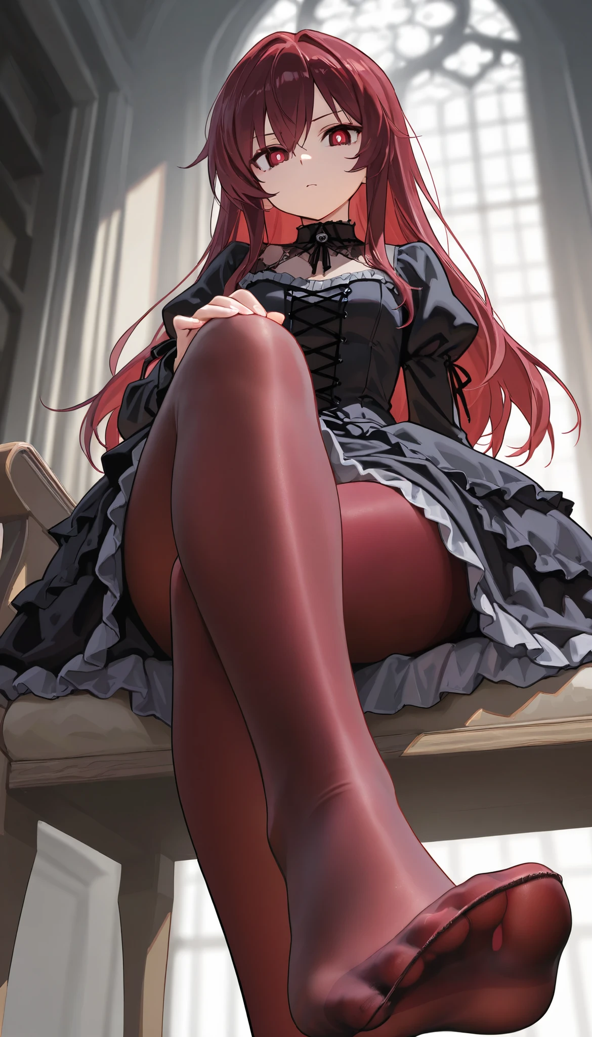 A girl is sitting with her legs crossed, Provocatively showing off foot, long hair, Gothic Dress, (dark red tights: 1.5), View from below with focus on the foot, Anatomically correct human body, highest quality, masterpiece, complex pupils, complex textile