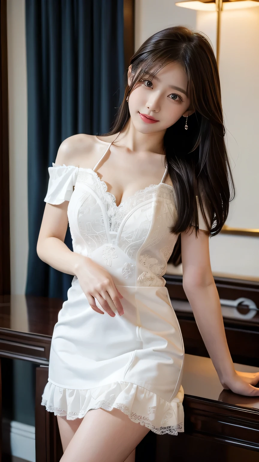 Half length portrait, realistic, photo realistic, best quality, masterpiece, extremely delicate and beautiful, extremely detailed, CG, 8K, amazing, fine details, masterpiece, best quality, extremely detailed CG unified 8K wallpaper, super detailed, high-resolution, extremely detailed, a beautiful girl, cute, sweet, hair details, thin bangs, shawl hair, off shoulder, white Slip dress, lace edge, pajamas, nightdress, white skirt, Long legs, exquisite makeup, slim figure, Tindall effect, infinite details, high quality, perfect composition, dynamic lens, master works, best picture quality, higher quality, high details, ultra high resolution, 8k resolution, Tindall effect, cinematic light, super realism, infinite details, highest picture quality, masterpiece, glowing skin, Tindall effect, realistic texture, master works, best picture quality, higher quality, high detail, Ultra high resolution, ultimate detail, 8k, best quality, ultimate detail, realistic texture, realistic, high detail, detailed background, pure, indoor, bedroom, bed, night, desk lamp, dim light environment, illustration, (facial specific)