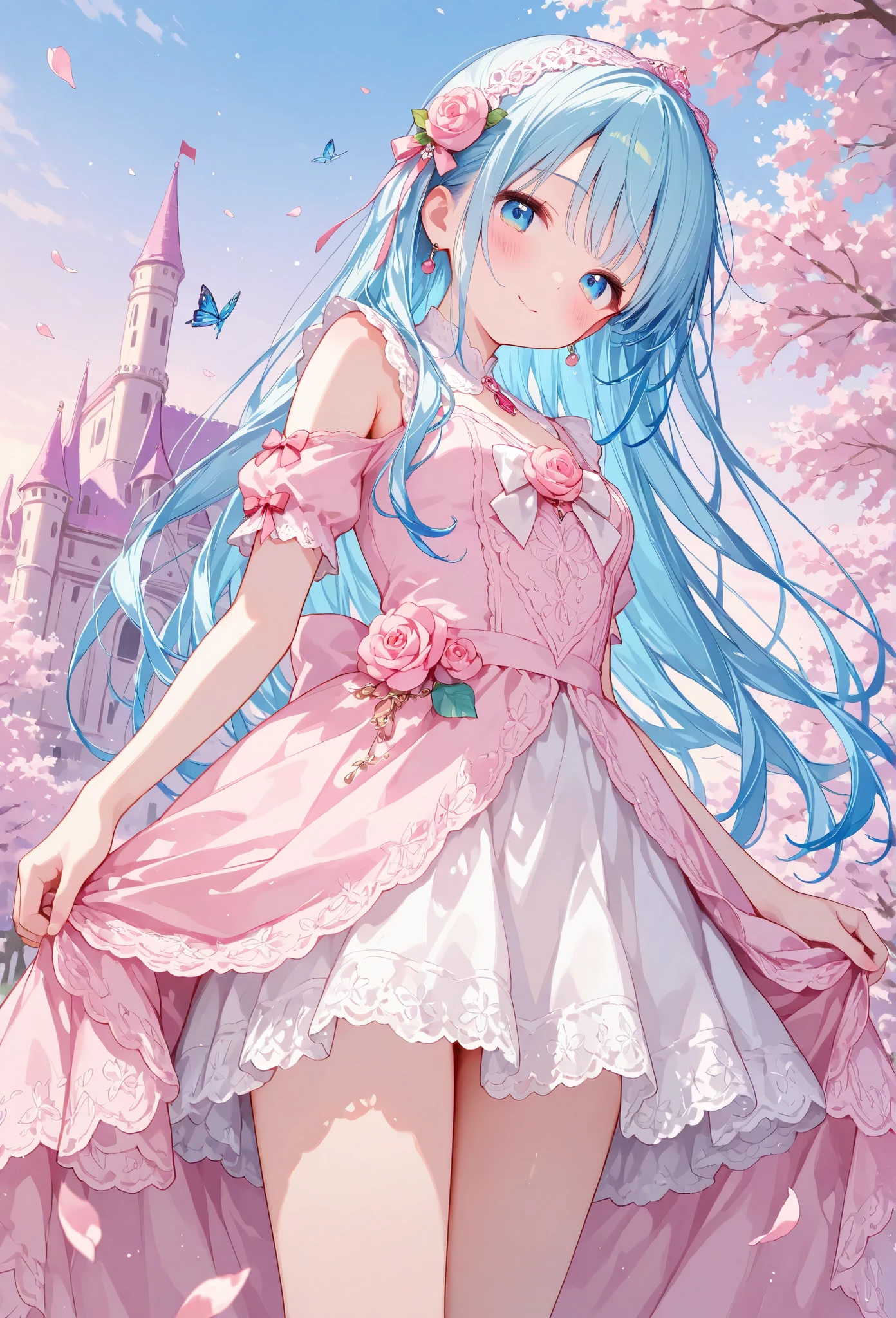 masterpiece, best quality, ultra-detailed, an anime-style scene featuring a young girl with long, flowing blue hair and big, sparkling blue eyes. She stands in front of a whimsical pink castle, her expression soft and curious as she looks back over her shoulder. Her dress is a cute combination of pink and white, adorned with ribbons, and her hair is styled with a lace headband and pink roses. The sky is filled with soft pastel colors, and cherry blossom petals float through the air, adding a magical touch to the scene. Butterflies also flutter around her,dynamic angle, adding a sense of movement. The colors are vibrant, with the soft pinks and blues creating a dreamy and enchanting atmosphere, perfect for a fairytale-like adventure.
