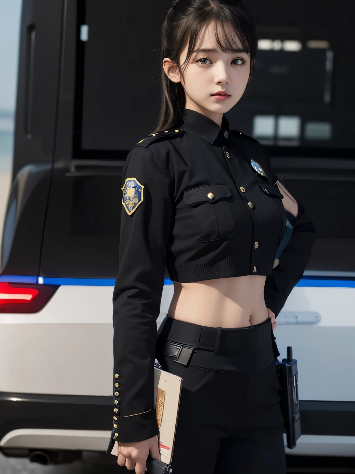 Best quality, masterpiece, ultra high res, (photorealistic:1.4, medium shot), raw photo, 1girl, (loli:1.5), (huge chest:1.3), (black police uniform:1.5), (nude:1.2)