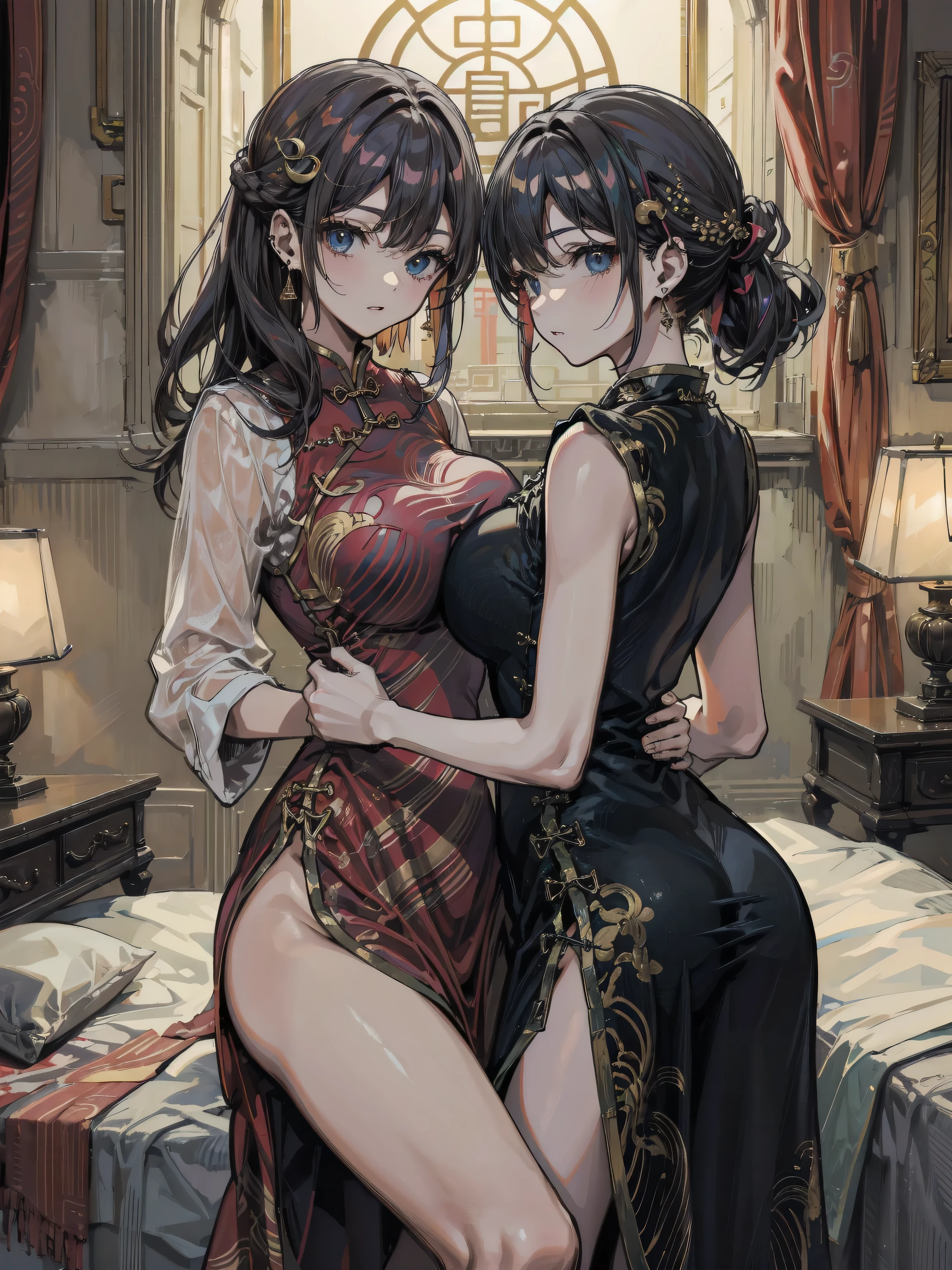 rivertsukatsuki, river, Black Hair, (Red eyes:1.5),  Floral headband for hair bun、Very large breasts(4700)、 Two people hugging each other、Lace Lingerie