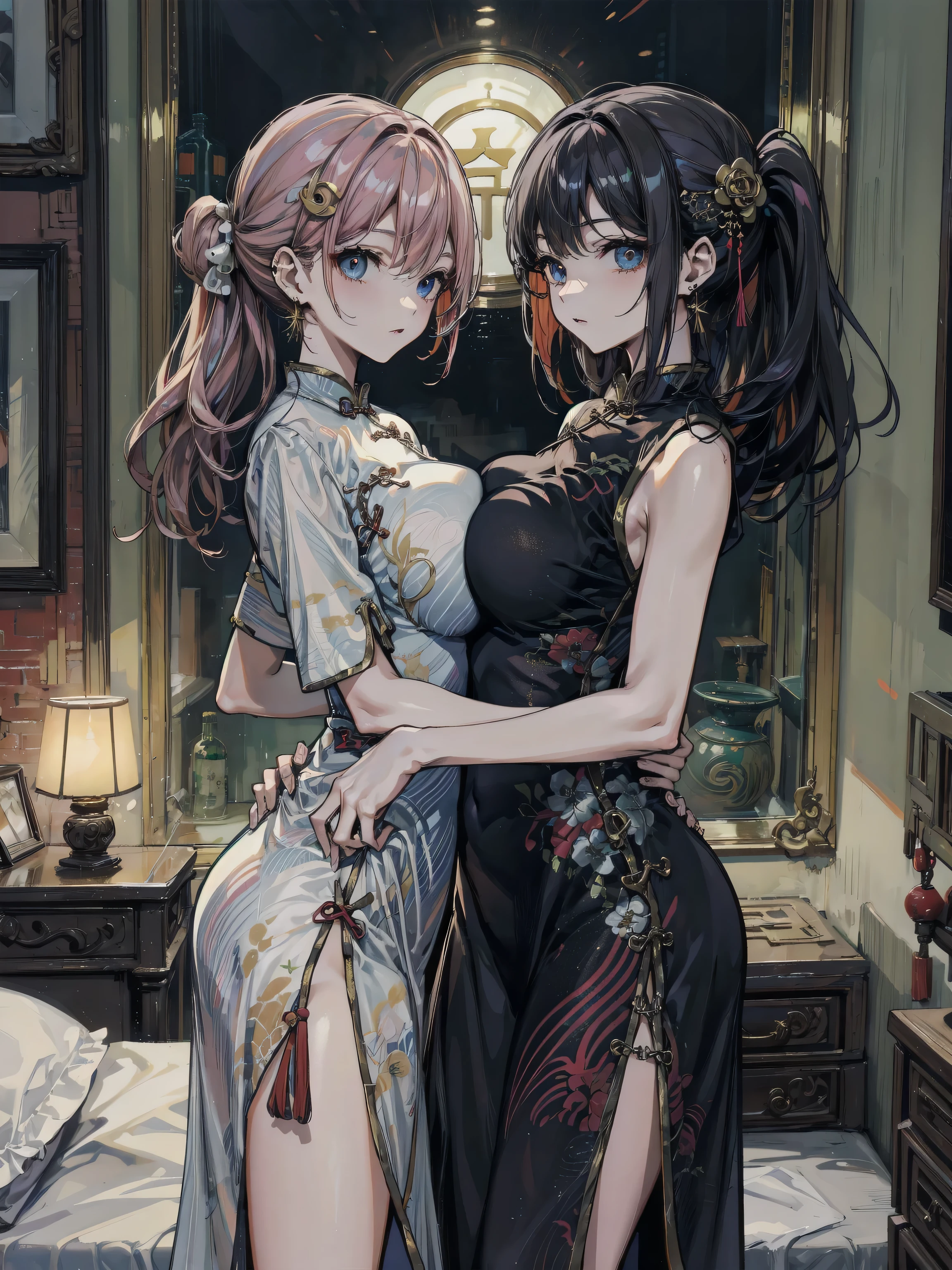 two girl making love,(bright lighting,romantic setting),dreamy background,bondage,dark hair, mesmerizing gaze, , soft skin, alluring beauty, artistic portrait, high-quality image, vibrant colors, long silk gown, in the bed, mosquito net,sidesuspension