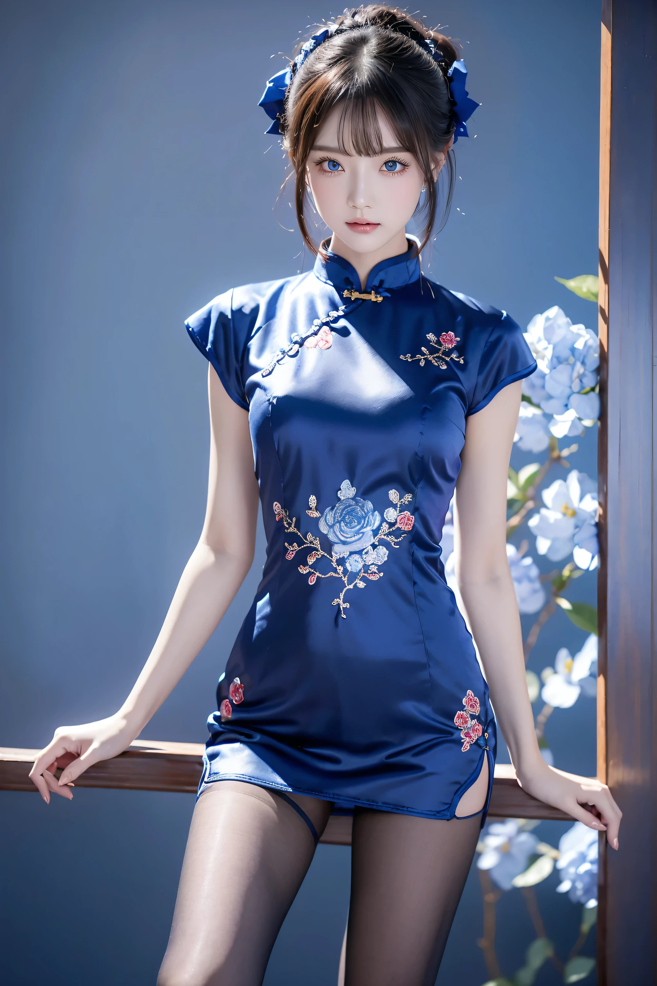 Cheongsam, 1 girl, blue bow, blue eyes, blue flowers, blue ribbon, blue rose, chest, Chinese clothing, Chinese clothing, dress, flower, gradient, gradient background, embroidered ball flower, looking at the audience, small chest, pantyhose, rose, single, thigh pantyhose, Chinese paper fan with painting on it,