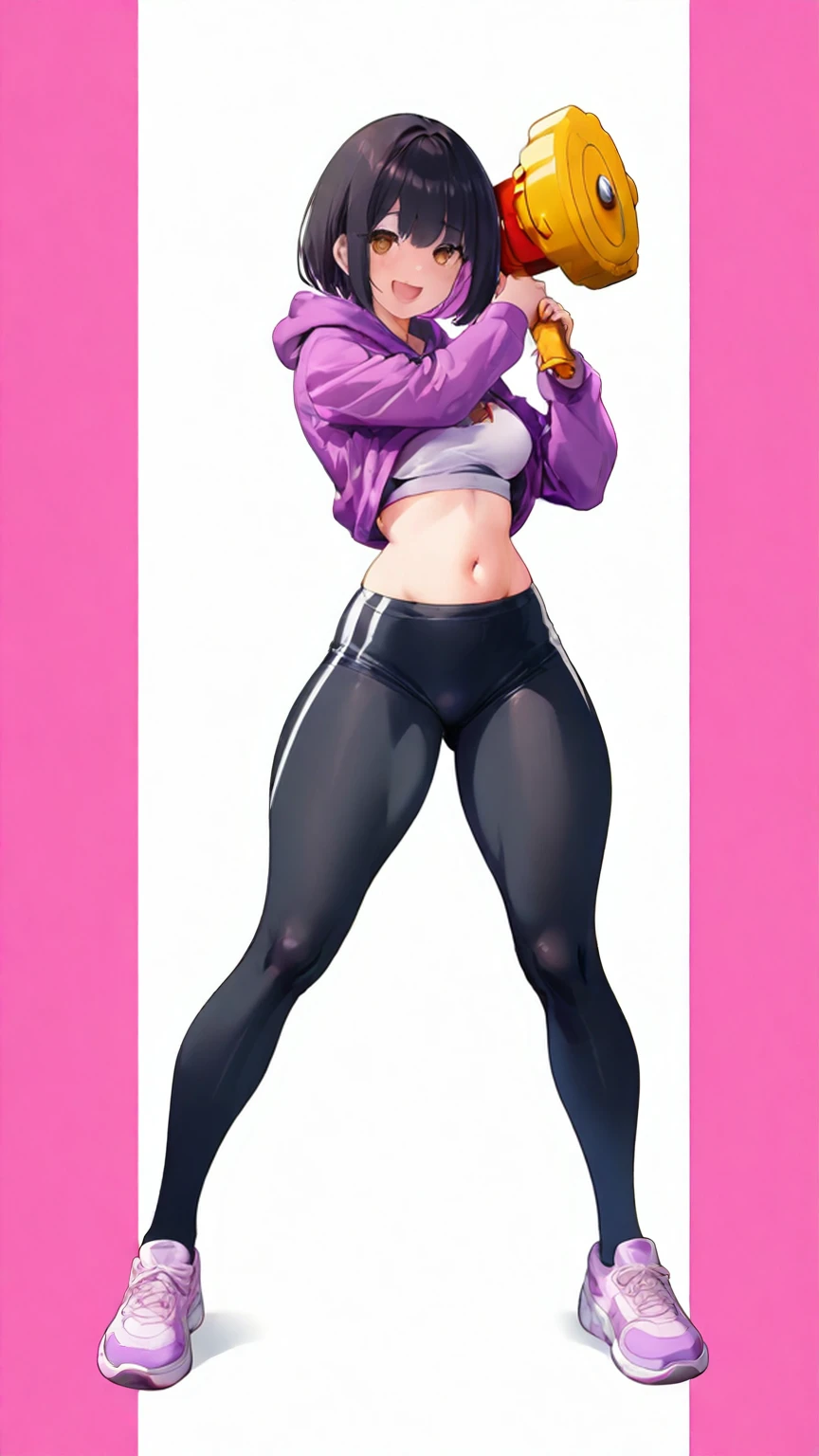 Emilia re:zero, purple eyes, Emilia, crown braid, x hair ornament, flower hair ornament, white hair, long hair, medium breasts, Gym outfit, sexy, midriff, yoga pants, camel toe, sneakers, sports bra, transparent top, sweet smile, hands over head, arms over head, leg up, 