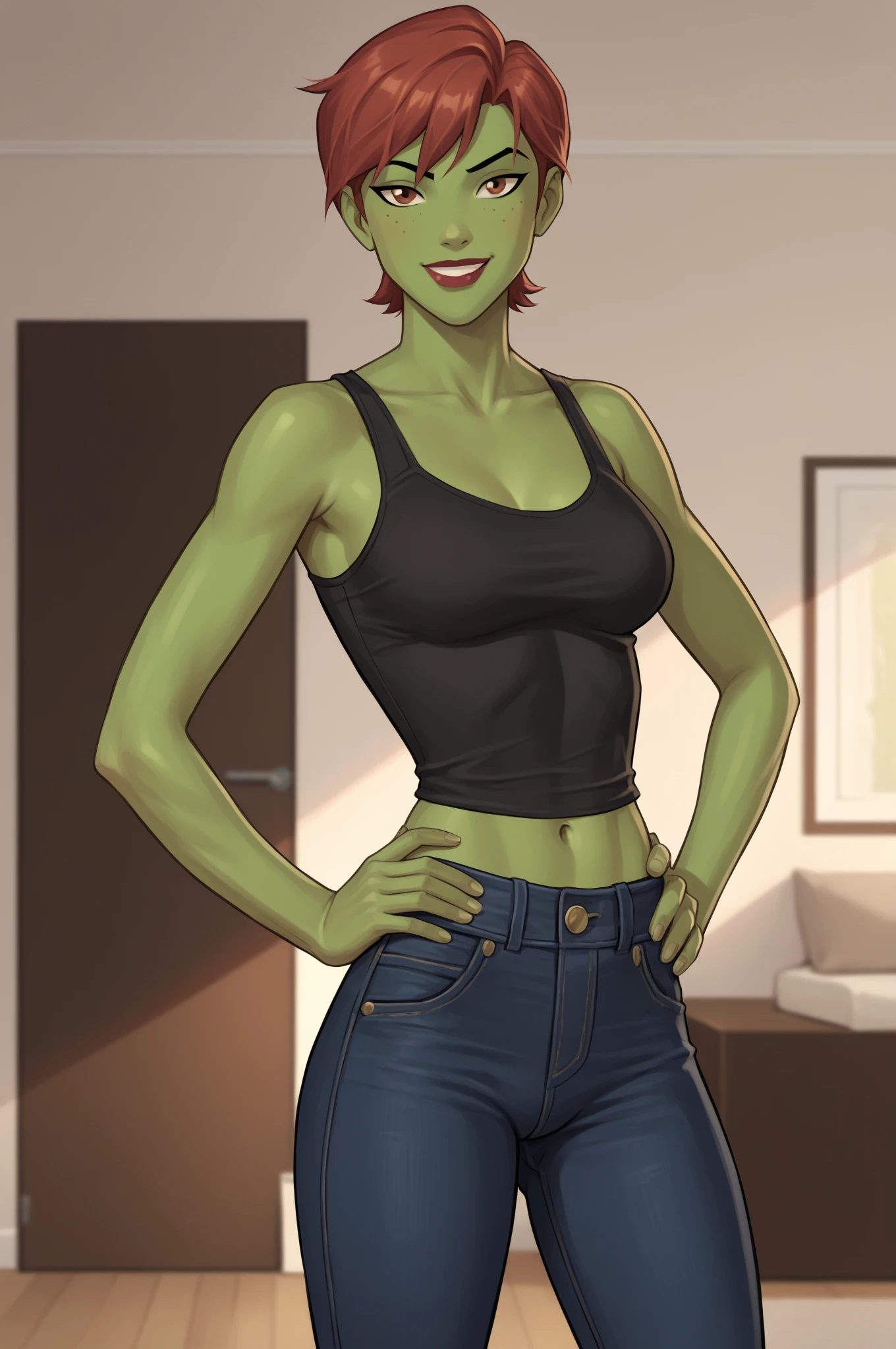 PonyXLV6_Scores BREAK (perfect , perfect eyes), BREAK mgann morzz, short hair, red hair, colored skin, green skin, freckles, brown eyes, makeup, lipstick, , raised eyebrow, ((looking at viewer)), superhero, black tank top, black jeans, curvy, toned, athletic, standing, hand on ,  , indoors, smiling 