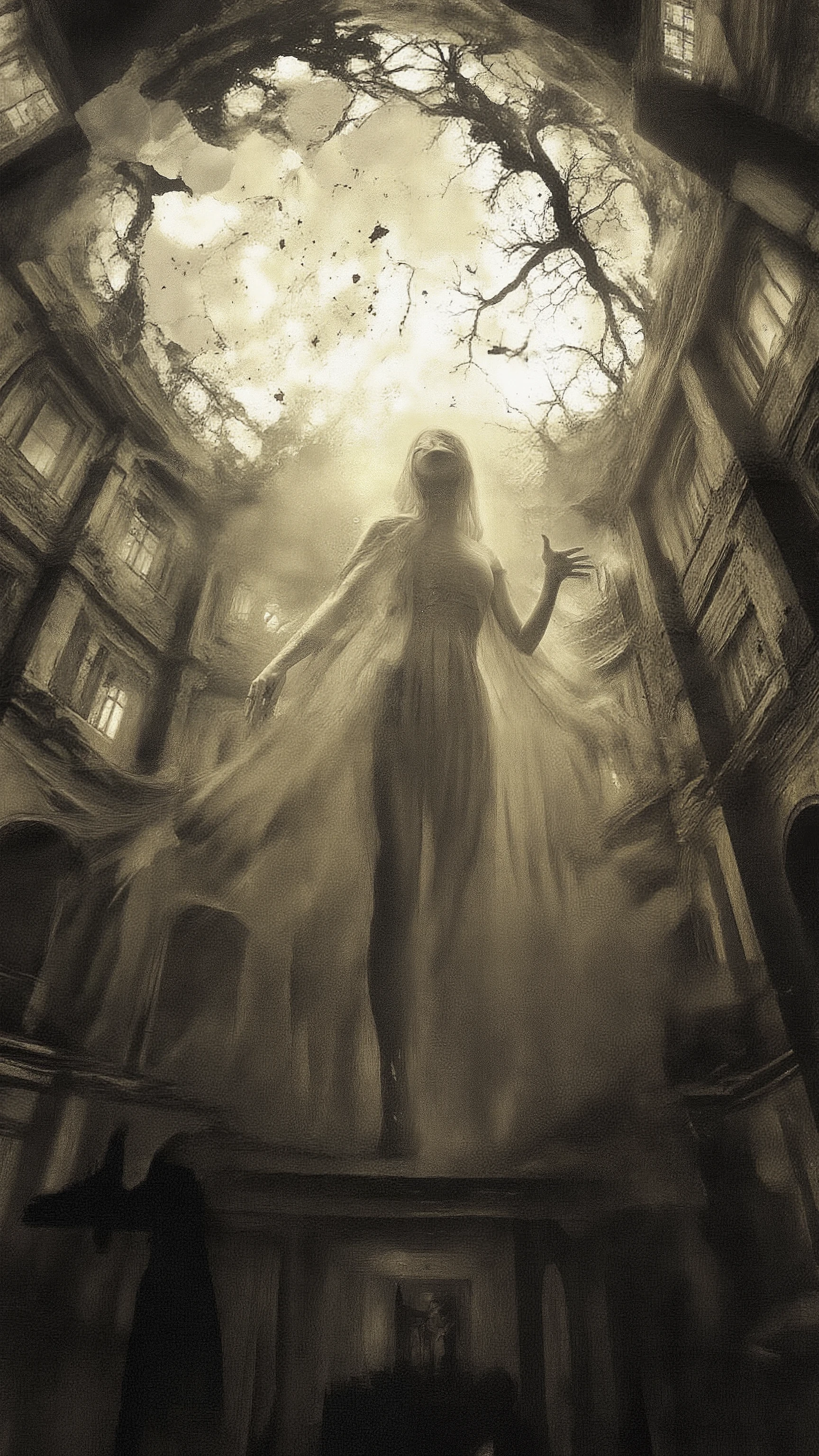 weightless figure suspended mid-step with an unnatural pose, exaggerated curvature of the spine, translucent clothing dissolving into smudges, faint ethereal glow with no visible source, unsettling flawless face with hollow expression, elongated sharp fingers reaching,Derelict Hospital,outward,haunted house interior, dark gothic,distorted perspective lines, broken floating Renaissance columns dissolving into nothingness, crosshatched storm clouds trapped in a frozen sky, ghostly silhouettes in the background watching, surreal lighting, hyperrealistic textures, ominous atmosphere, cinematic horror composition, ultra-detailed, 4k quality
